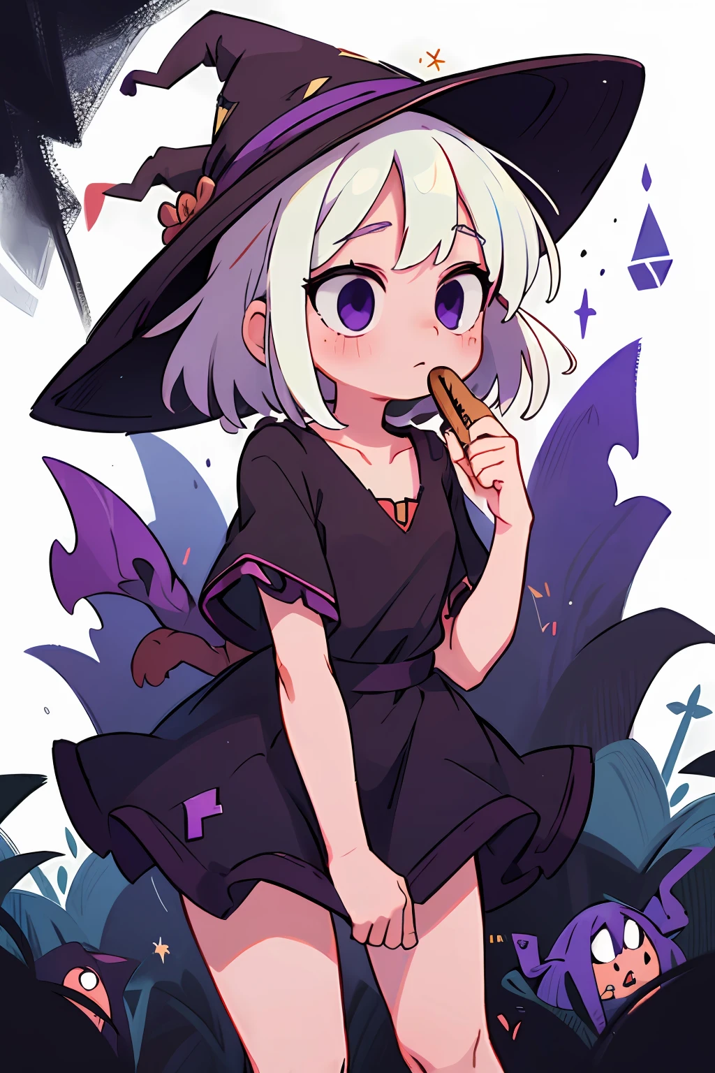 masterpiece, beautiful, 4k, detailed, intricate details, , , witch, witch dress, witch hat, thin straps, collarbone, thin, young, white hair, purple eyes, black dark dress, ruffled thick dress, down blouse