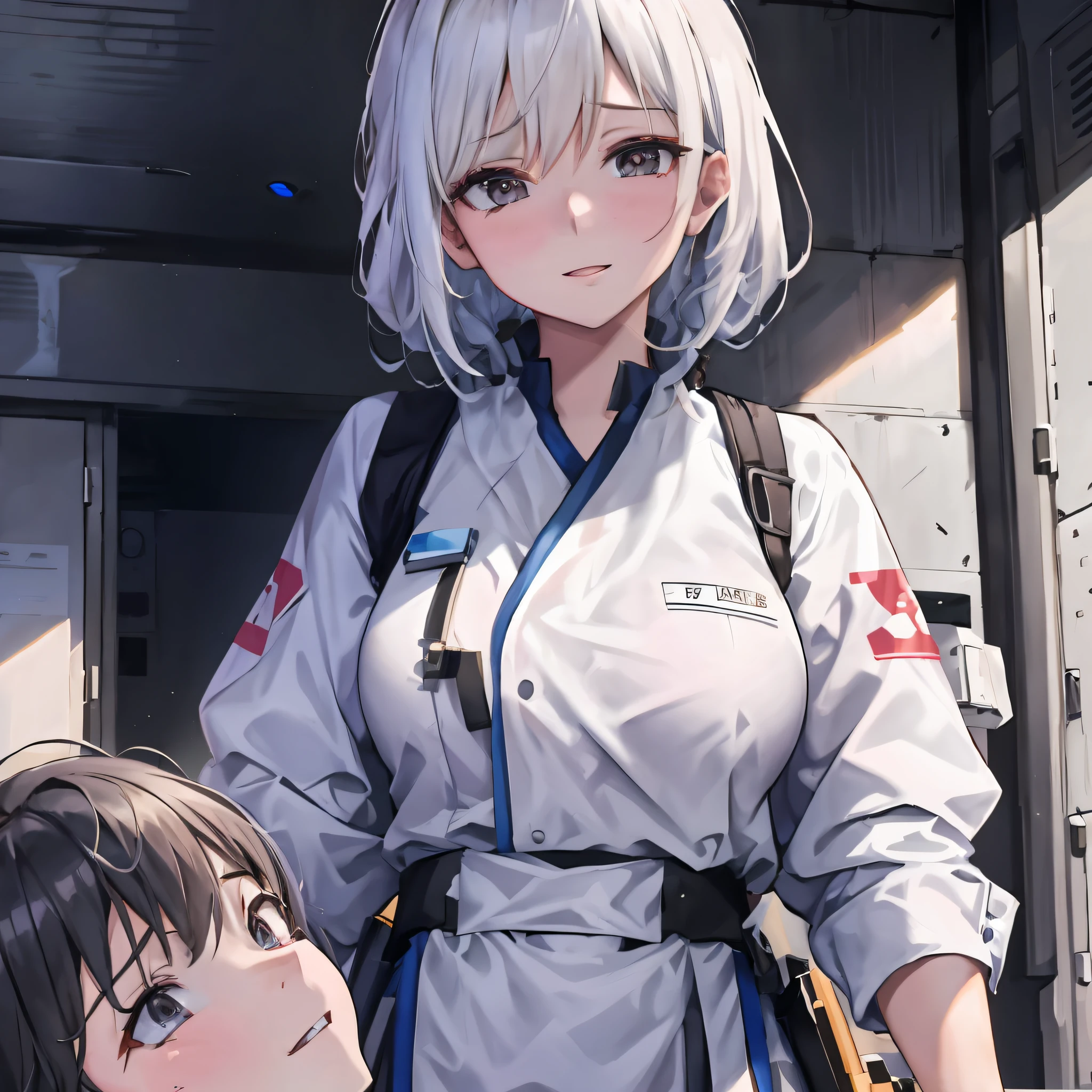 Anime character standing next to a woman with nurse uniform, Kantai collection style, portrait anime space cadet girl, from girls frontline, girls frontline style, Best anime 4k konachan wallpaper, style of anime4 K, Fine details. Girl Front, anime maid  ss military, (sfv) safe to work, Girls Frontline CG, Girl Front