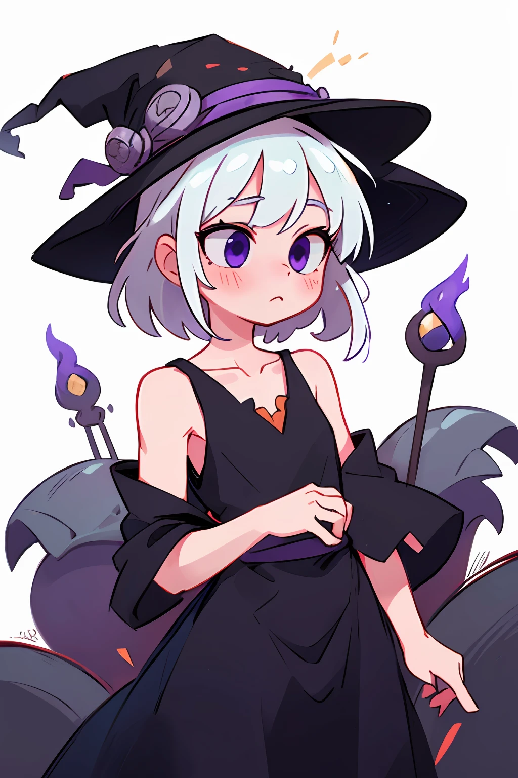 masterpiece, beautiful, 4k, detailed, intricate details, , , witch, witch dress, witch hat, thin straps, collarbone, thin, young, white hair, purple eyes, black dark dress, ruffled thick dress, down blouse, bare shoulders, sleeveless