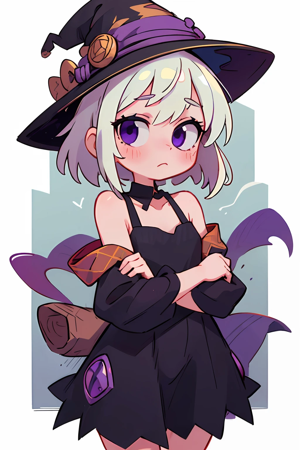 masterpiece, beautiful, 4k, detailed, intricate details, , , witch, witch dress, witch hat, thin straps, collarbone, thin, young, white hair, purple eyes, black dark dress, ruffled thick dress, down blouse, bare shoulders, sleeveless