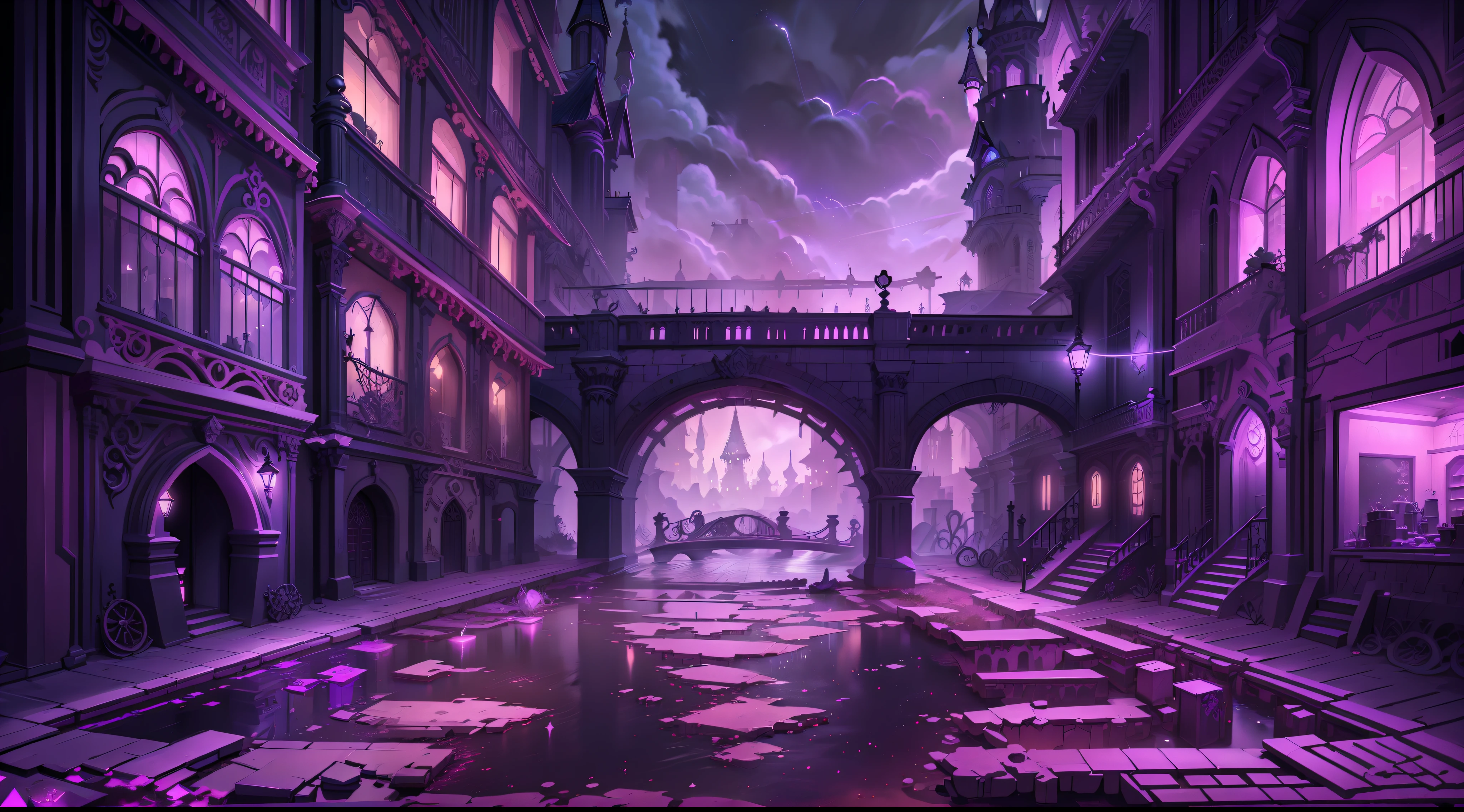 gothic town, gothic city, ​masterpiece, ultra detaild, glowing purple, after dark, 8k, best qualityer