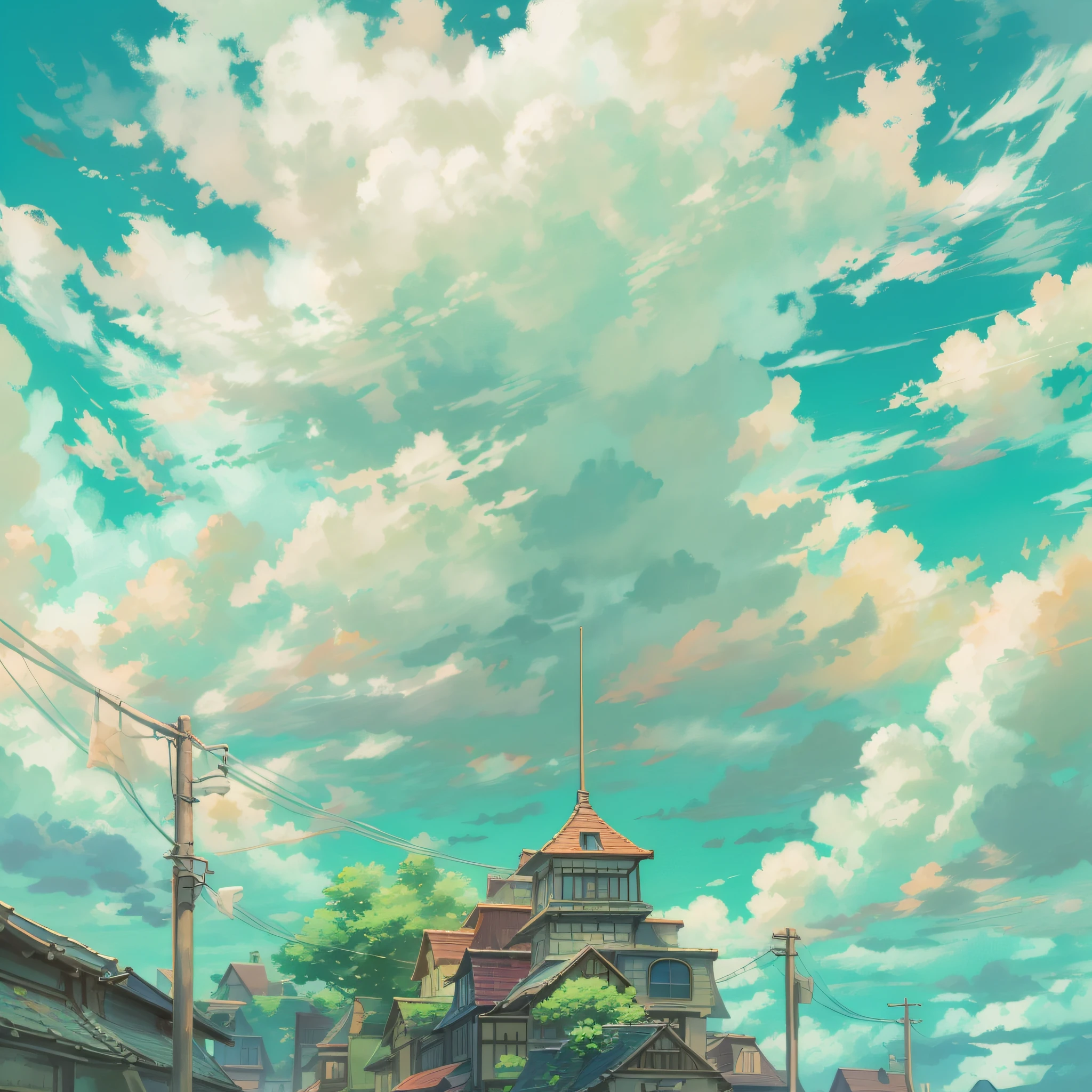 animesque、Skyscape with clouds、Deities々Shikai、You can see the touch of the brush、Studio Ghibli、Ghibli、a sultry、Scenery、Style、sky line、summer vacation