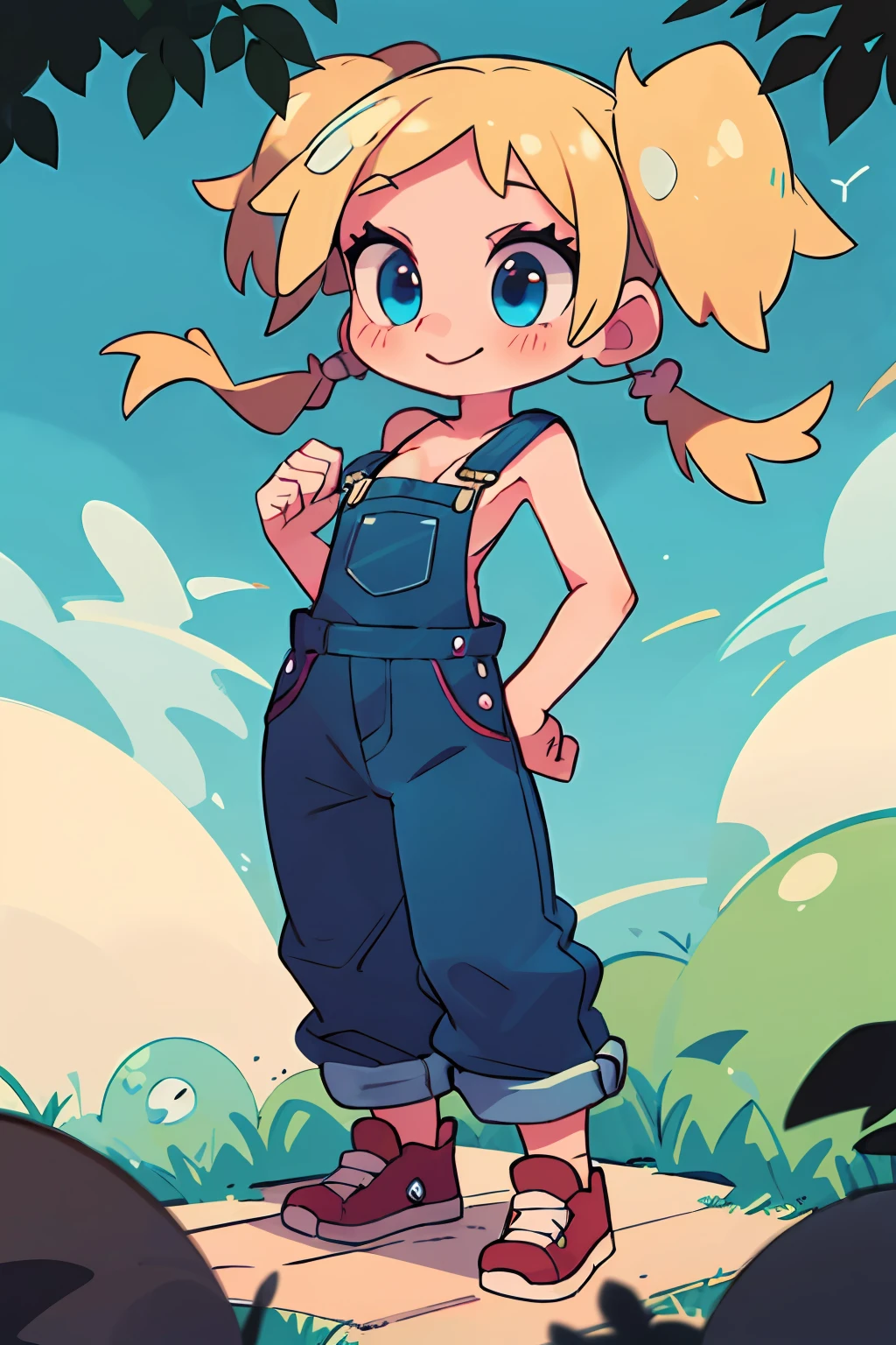 masterpiece, beautiful, 4k, detailed, intricate details, , , overalls, jean overalls, cuffed overalls, blonde hair, long blonde pigtails, long flowing pigtails, soft blue eyes, soft smile, slight smile, hands back, standing on the balls of her feet, 1girl, rocking, shirtless, overalls over skin, bare shoulders, bare sleeves, bare arms, medium sized breasts, cleavage, cleavage behind overalls, facing forward, side cut, torso shown