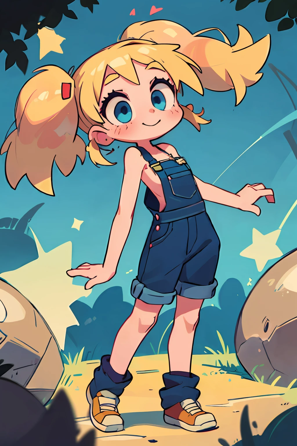 masterpiece, beautiful, 4k, detailed, intricate details, , , overalls, jean overalls, cuffed overalls, blonde hair, long blonde pigtails, long flowing pigtails, soft blue eyes, soft smile, slight smile, hands back, standing on the balls of her feet, 1girl, rocking, shirtless, overalls over skin, bare shoulders, bare sleeves, bare arms, medium sized breasts, cleavage, cleavage behind overalls, facing forward, side cut, torso shown