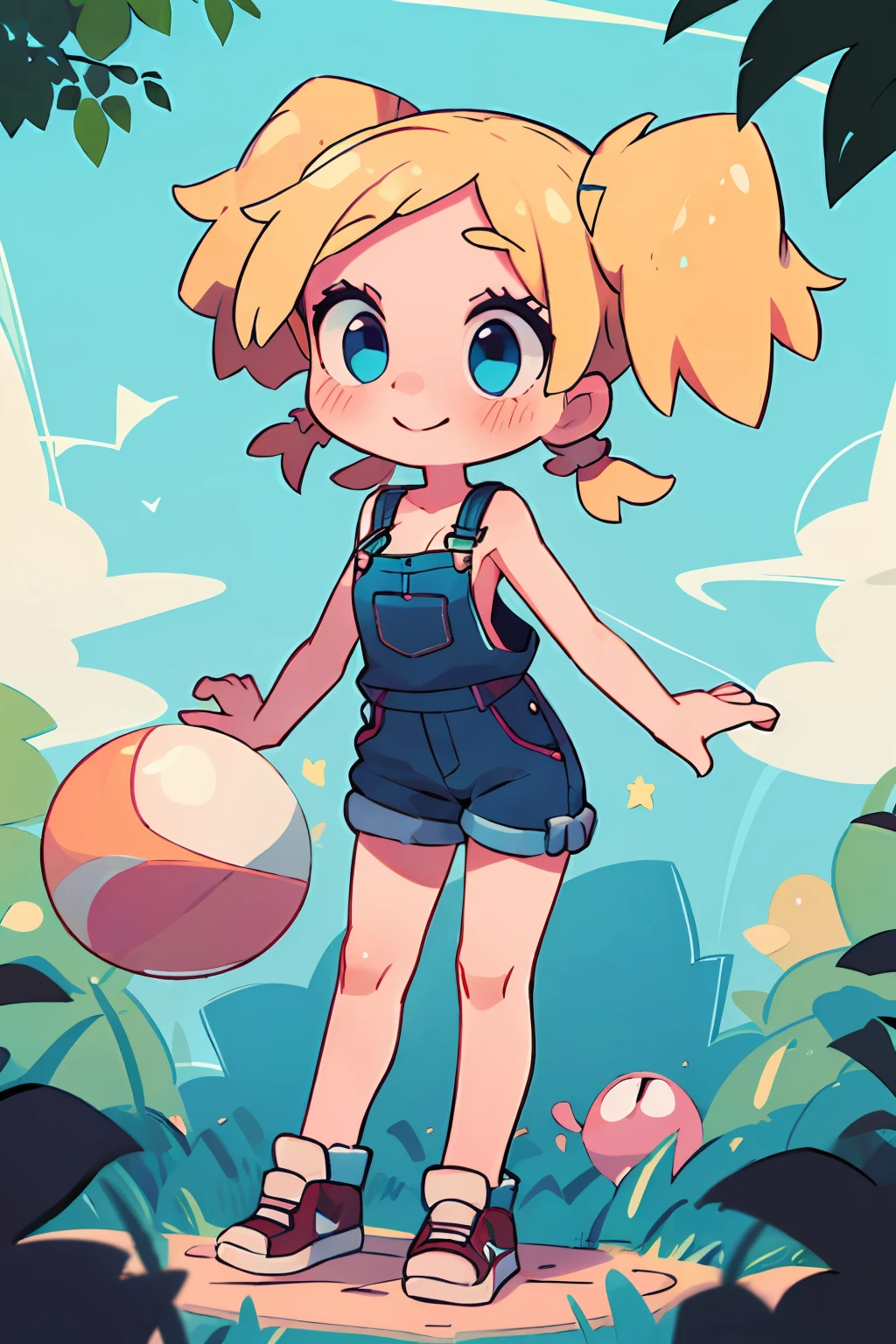 masterpiece, beautiful, 4k, detailed, intricate details, , , overalls, jean overalls, cuffed overalls, blonde hair, long blonde pigtails, long flowing pigtails, soft blue eyes, soft smile, slight smile, hands back, standing on the balls of her feet, 1girl, rocking, shirtless, overalls over skin, bare shoulders, bare sleeves, bare arms, medium sized breasts, cleavage, cleavage behind overalls, facing forward, side cut, torso shown