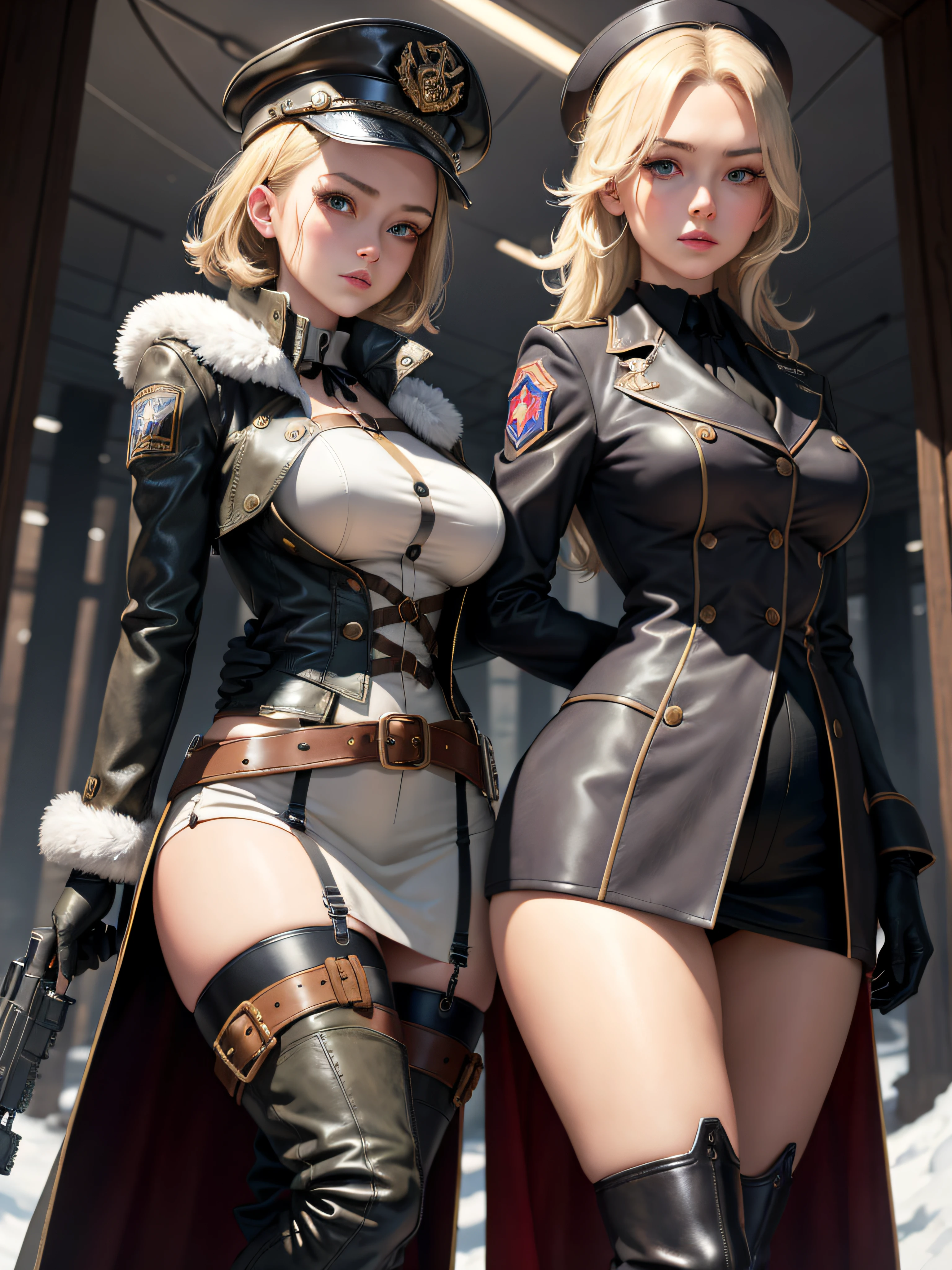 nsfw, masterpiece, best quality, 1girl, intricate details, dramatic shadows, forest, dark, night, steampunk, {looking down at viewer}, peaked cap, black military uniform, from below, medium breasts, blue eyes, blonde, open winter fur coat, snowing, gloves, thigh high boots, pistol, gun holster choker, miniskirt, black leather thigh boot, leather gloves, short hair,