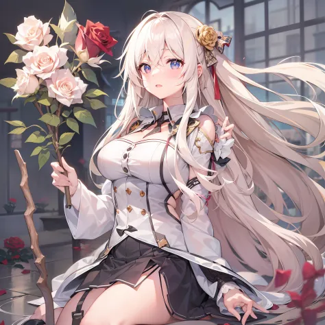 anime girl with long white hair holding a stick and a rose, boobs, full body, anime visual of a cute girl, light novel cover art...