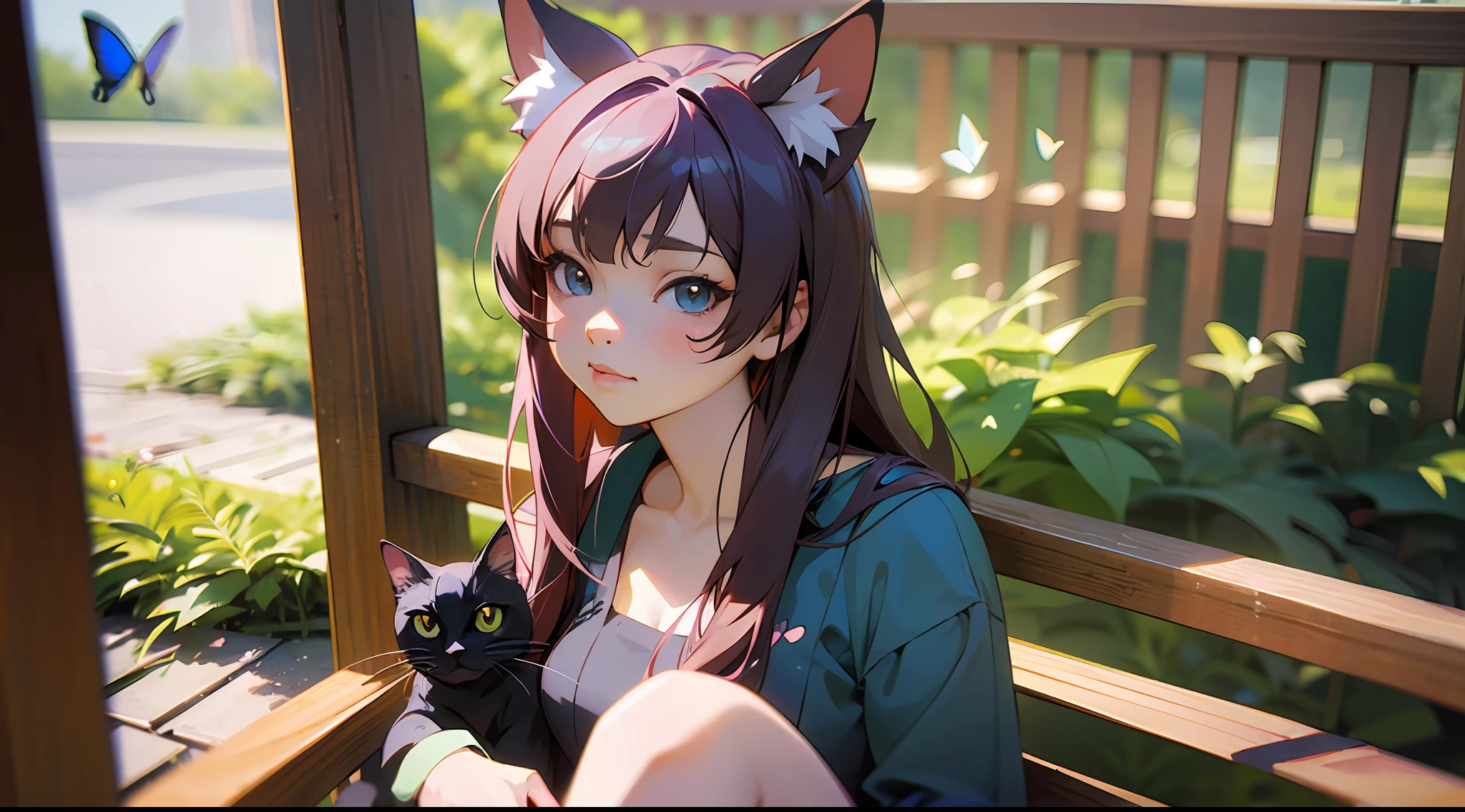 anime girl sitting on a bench with a cat and butterfly, realistic anime cat, realistic anime art style, kawaii realistic portrait, anime cat, beautiful anime catgirl, realistic anime artstyle, anime realism style, anime catgirl, very beautiful anime cat girl, realistic anime 3 d style, very beautiful cute catgirl, cute anime catgirl, in anime style