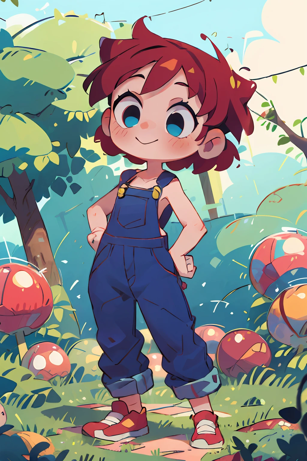 masterpiece, beautiful, 4k, detailed, intricate details, , , overalls, jean overalls, cuffed overalls, red hair, short red hair, tomboy, tomboy hair, tomboyish, bucktooth, soft blue eyes, soft smile, slight smile, hands back, standing on the balls of her feet, 1girl, rocking, shirtless, overalls over skin, bare shoulders, bare sleeves, bare arms, medium sized breasts, cleavage, cleavage behind overalls, facing forward, side cut, torso shown