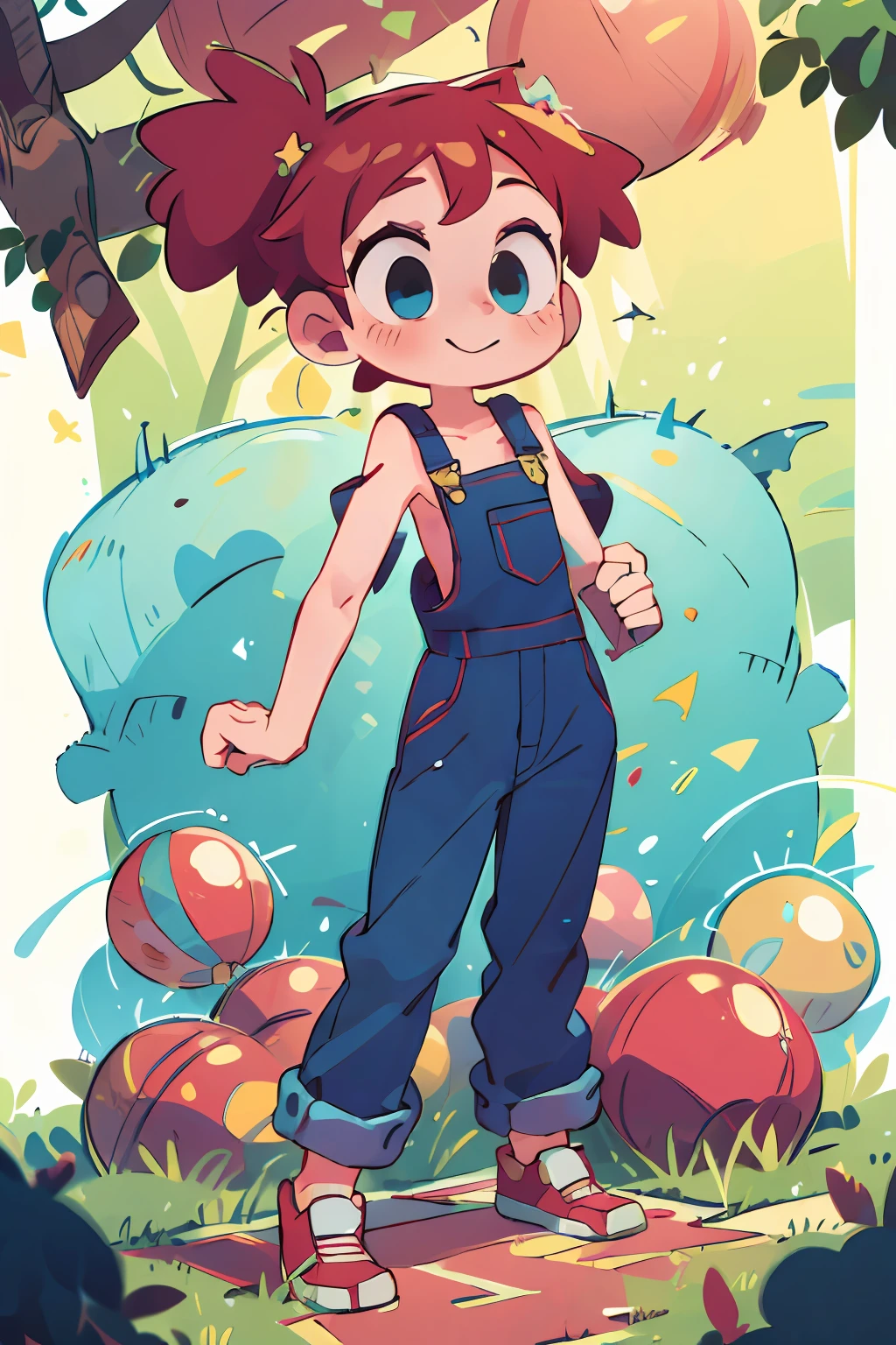 masterpiece, beautiful, 4k, detailed, intricate details, , , overalls, jean overalls, cuffed overalls, red hair, short red hair, tomboy, tomboy hair, tomboyish, bucktooth, soft blue eyes, soft smile, slight smile, hands back, standing on the balls of her feet, 1girl, rocking, shirtless, overalls over skin, bare shoulders, bare sleeves, bare arms, medium sized breasts, cleavage, cleavage behind overalls, facing forward, side cut, torso shown
