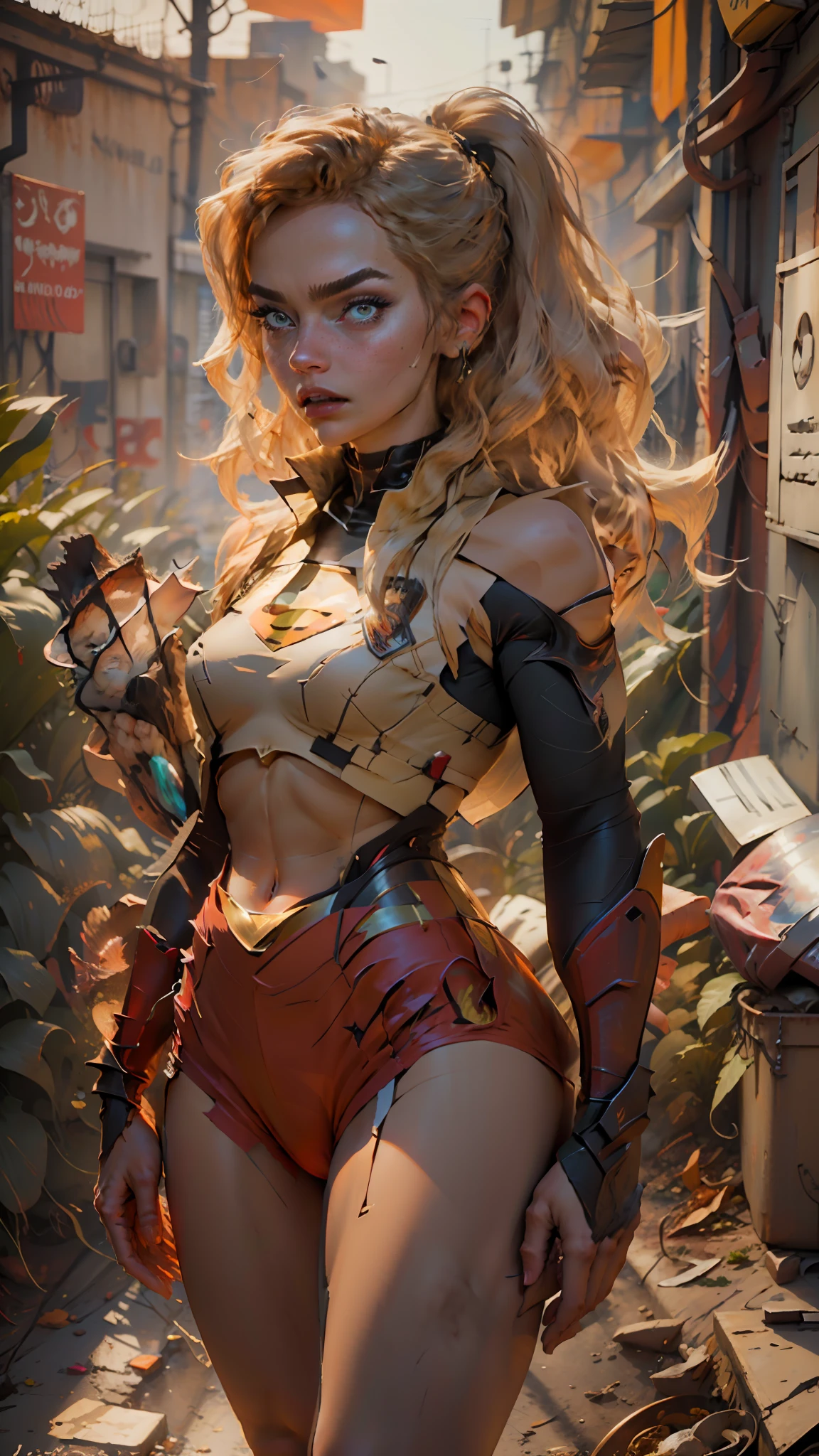 Retrato fotografico de She-Ra usando el traje femenino de supergirl (Academia Mi Héroe al Estilo), thepit bimbo, estilo studio_Ghibli_animado_estilo, lustroso, [Margot Robbie:Alessandra Ambrosio:0.70], Solo 1girl, pose de batalla con cabello largo y negro, senos, cuerpo a la cadera, con armadura de Superman, con guantes, absurdamente ancho por, Explosión de fondo, escena de lucha, Superhéroes malvados, peligro, petrificado, tensión, Fuego, destrucción, escombros, objeto volador, hiperrealismo, 8k, fondo de campo de batalla, iluminación volumétrica, buena iluminacion, sidelit, iluminación perfecta, [Shia de Arifureta], , ataque de Grick,   el cuerpo de Supergirl tiene muslos gruesos partes del cuerpo cibernéticas, ropa interior corta, rubia con ojos azules, símbolo de Superman en el pecho,