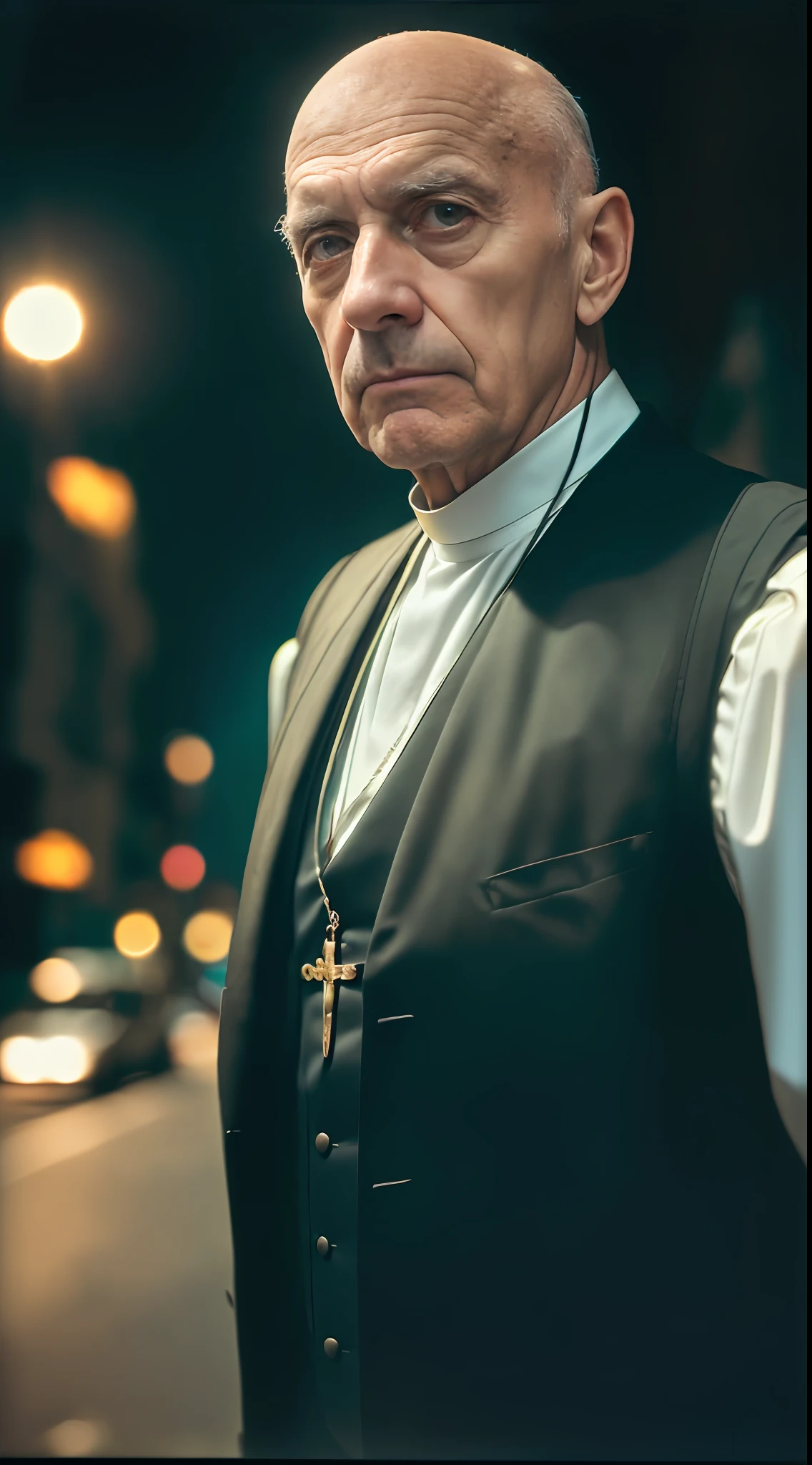 (
    (Character: one italian man, 70 years old, exorcist, serious face,bald),(sfw:1.3)
    (Clothing: Priest's vest, holding a holy symbols)
    (Posing against a city street at night)
    (Abstract colors, texture, film grain, analog style, cinematic movie still frame, black color scheme)
    (Skin pores, dusty atmospheric haze, vignetting, wrinkles:0.2, intricate hasselblad dslr RAW dramatic portrait photo, eye contact, nofilter selfie, (backlit)1.2, (film grain)1.2)
)