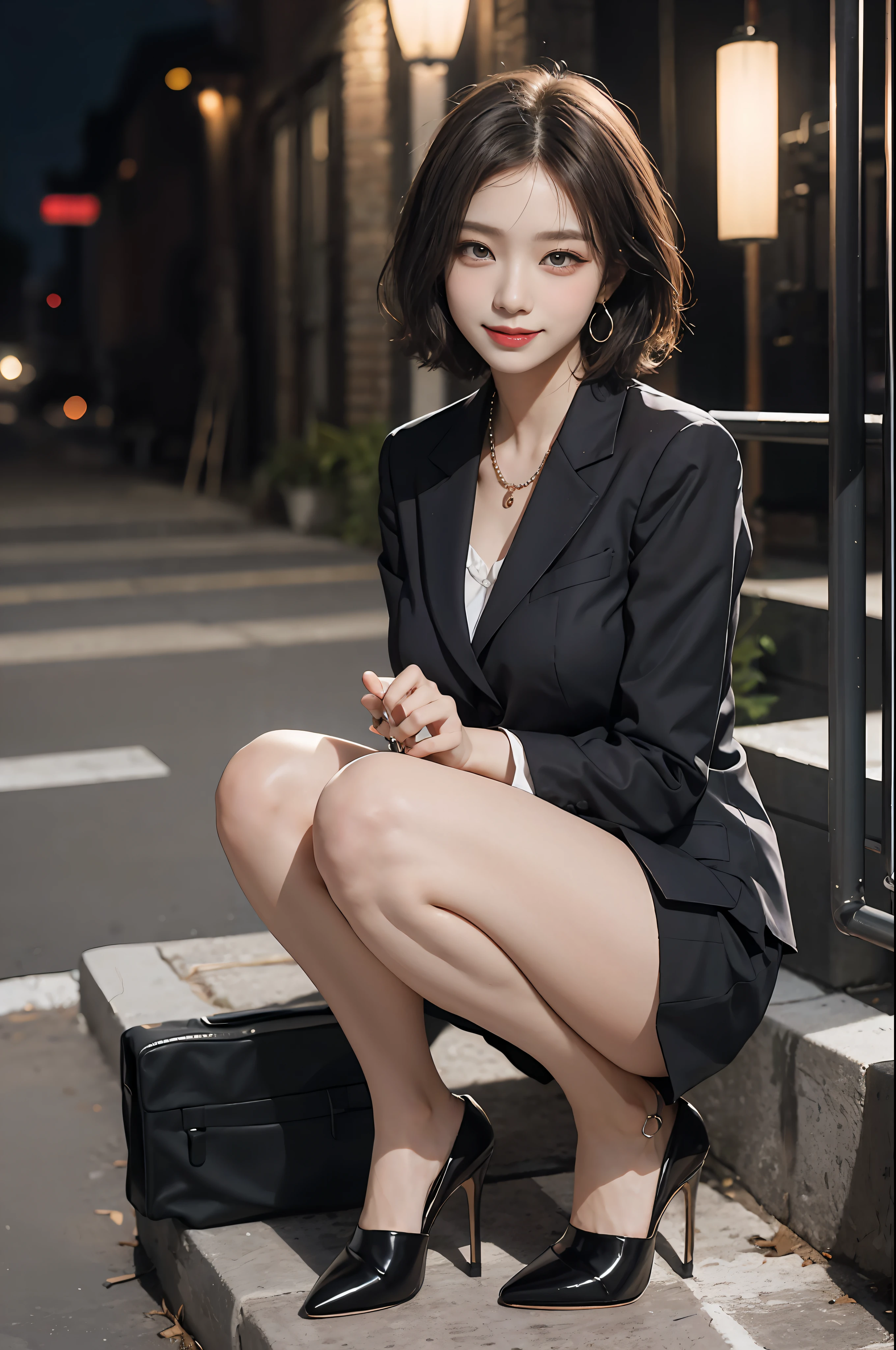 8K RAW photos, high resolution, slender Korean at 17 years old, light brown hair, big round breasts, formal shirt, formal skirt, very thin mouth, duck mouth, smile,, beautiful eyes in detail, slit eyes, sanpaku eyes, dark cheeks, long eyelashes, beautiful double eyelids, eyeshadow, beautiful thin legs, stockings, necklaces, earrings, short hair, In front of the station at night, stairs at night, squatting, sitting, high-class high heels