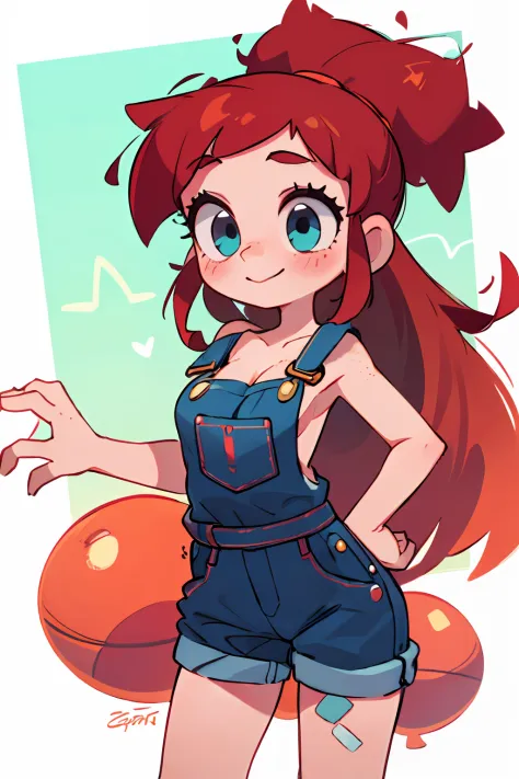masterpiece, beautiful, 4k, detailed, intricate details, child, loli, overalls, jean overalls, cuffed overalls, red hair, long r...