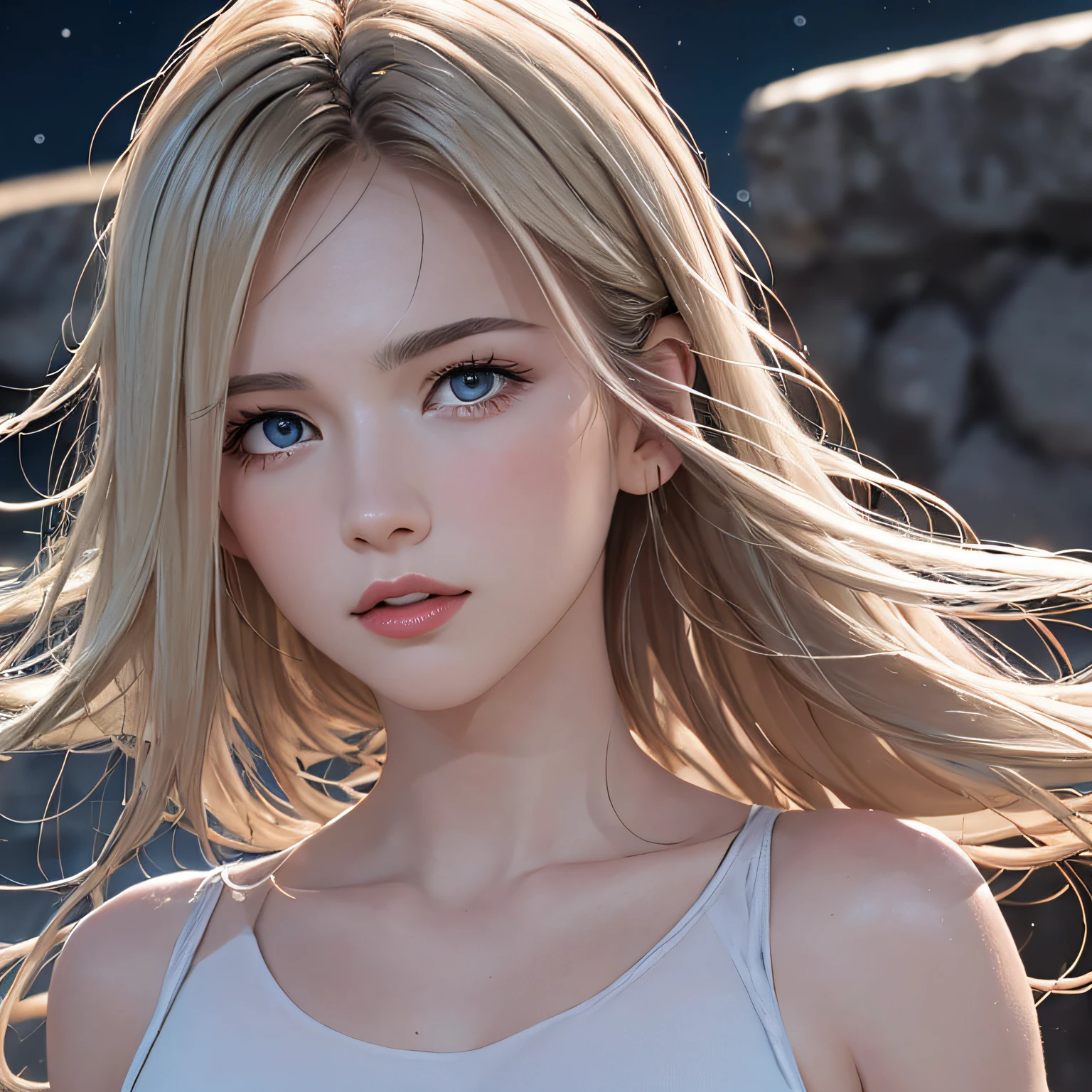 (8K, RAW Photos, of the highest quality, Masterpieces: 1.2), (Realistic, Photorealistic: 1.37), Highest Quality, Ultra High Resolution, light  leaks, Dynamic lighting, Slim and smooth skin, (Full body:1.3), (Soft Saturation: 1.6), (Fair skin: 1.2), (Glossy skin: 1.1), Oiled skin, 22 years old, Night, shiny white blonde, Well-formed, Hair fluttering in the wind, Close-up shot of face only, Physically Based Rendering, From multiple angles