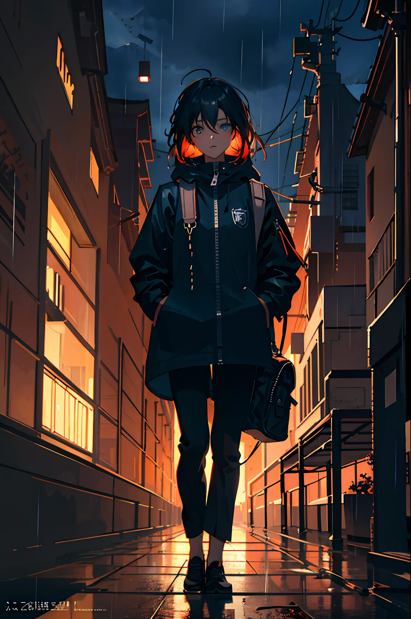 Anime Girl Walking Down A Street In The Rain - Seaart Ai