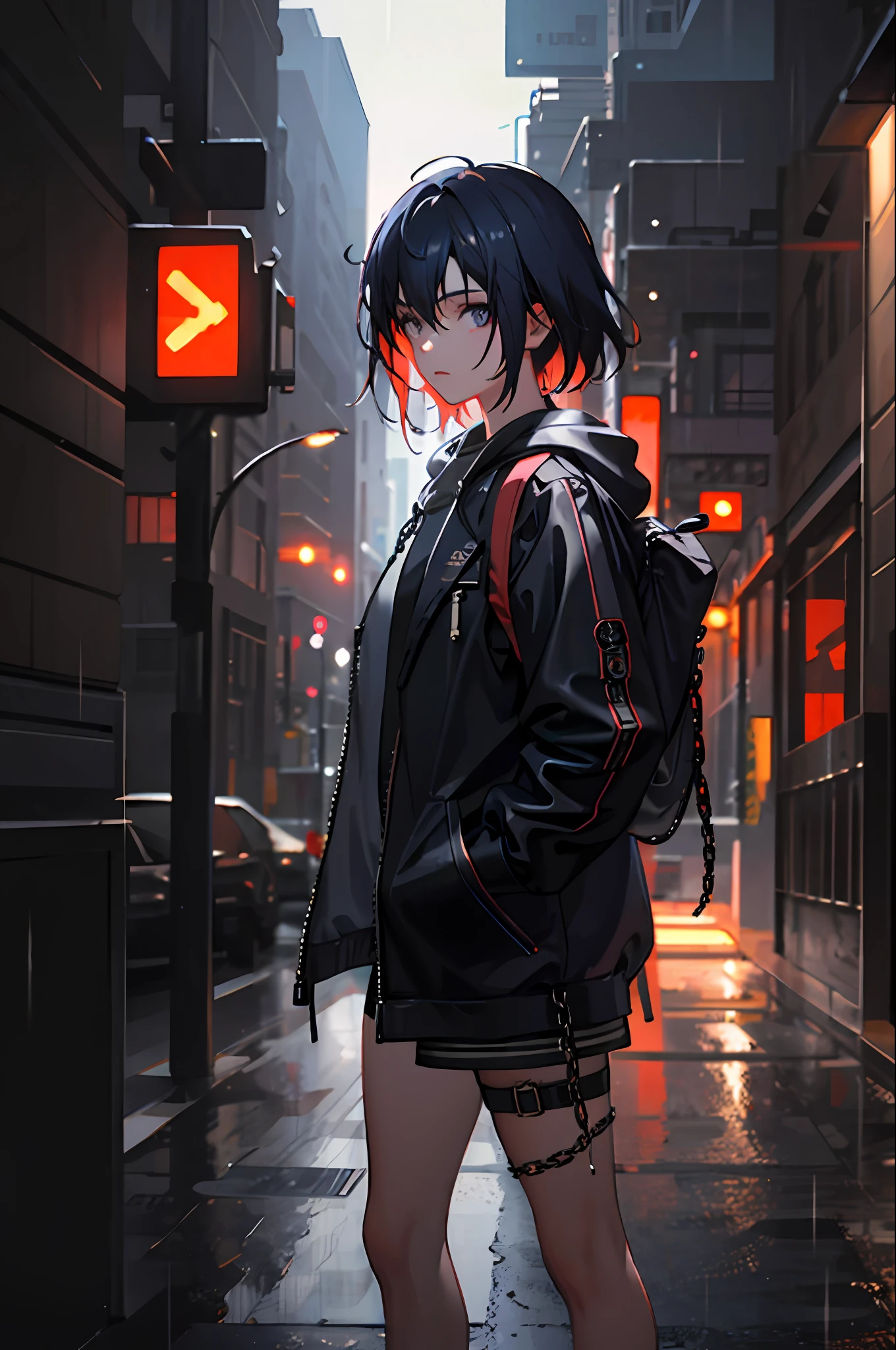 1girl, jacket, rain, outdoor, hoodie, open jacket, chain, backpack, looking at another, messy hair, trending on artstation, 8k resolution, highly detailed, anatomically correct, sharp image, digital painting, concept art, trending on pixiv, style of makoto shinkai,