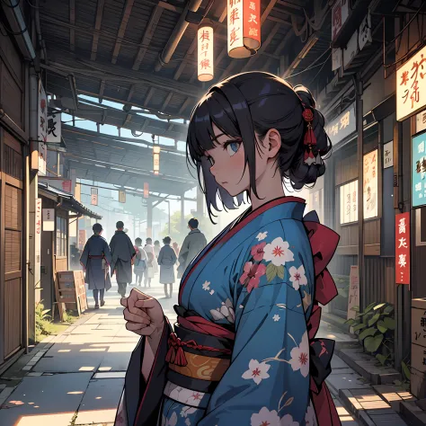 A Japanese style　fleeting　Semibob　Illustration style　Elements of Sum　Wabisabi　devastated　Near-futuristic　Girl Wearing Kimono --auto