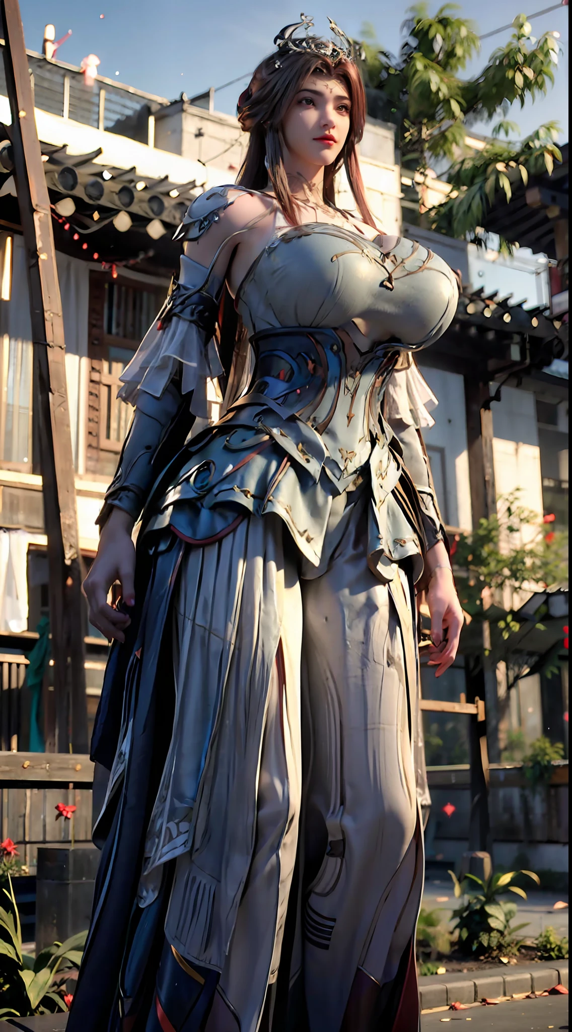 ((Unreal Engine 5)), Realistic Rendering, Excellent, Full armor, knight Cloak, helm, (Yoga hotpants), looking on camera, standing on studio, beautiful face, makeup, CGImix, (photorealism:1.2), ultrarealistic uhd face, (huge fake boobs:1.4), (gigantic breasts:1.1), (muscle abs), (big butt), (wide hips), (thick thighs), slim waist, hourglass figure, half body, ((glowing skin)), ((shiny skin)), Realistic body, ((she is sexy body)), ((clean skin)), photorealistic, bokeh, motion blur, masterpiece, highres, 1080P, super detail, textured skin.