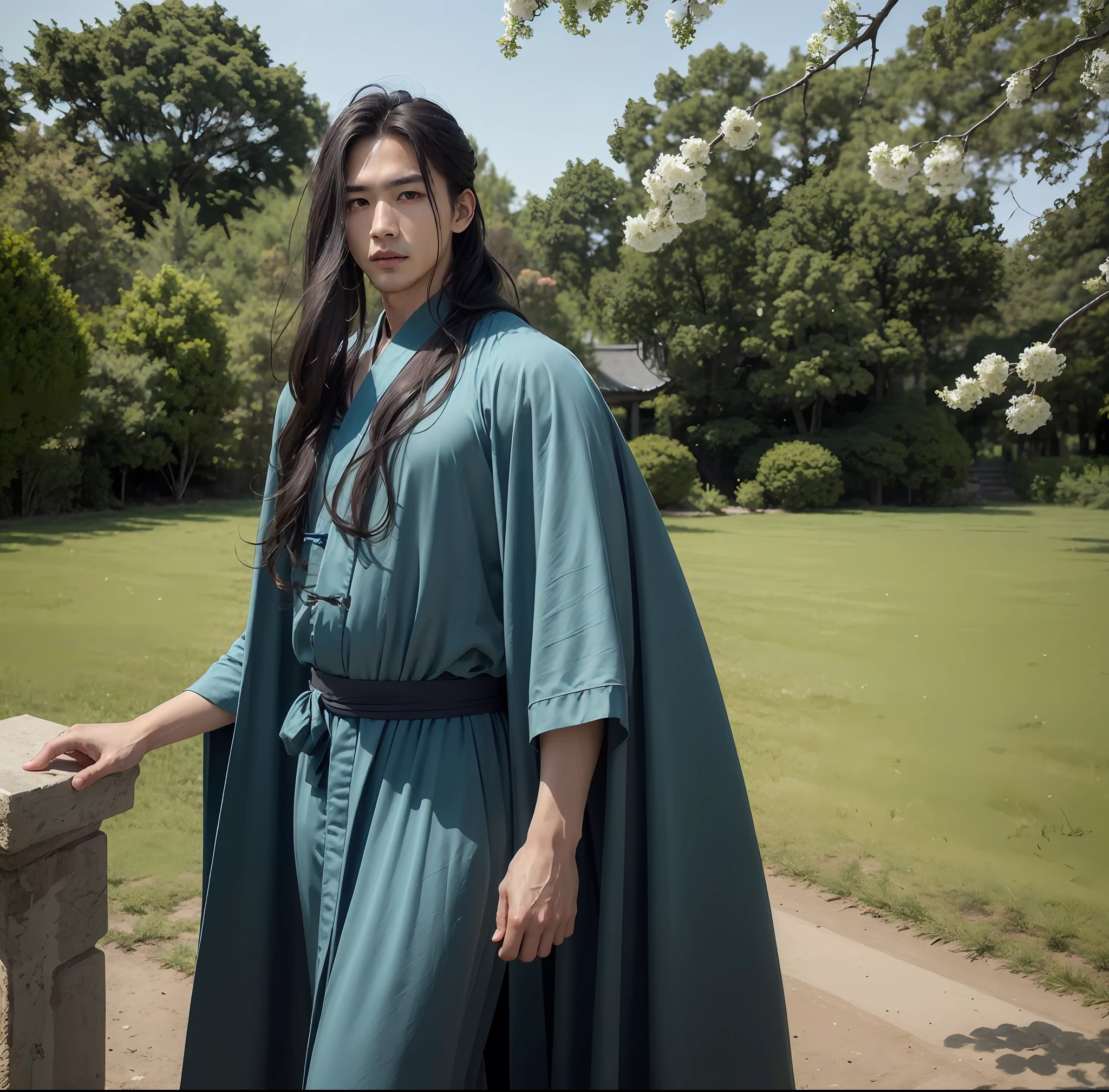 Masterpiece, best, a man, chinoiserie, ancient china, black hair, gray blue eyes, split hair, long hair, long bangs, high ponytail, handsome, masculine, gentle, tall, quiet, teal robe, outdoors, cloak, Branches, windy, young man, with a steady expression and a boxing posture