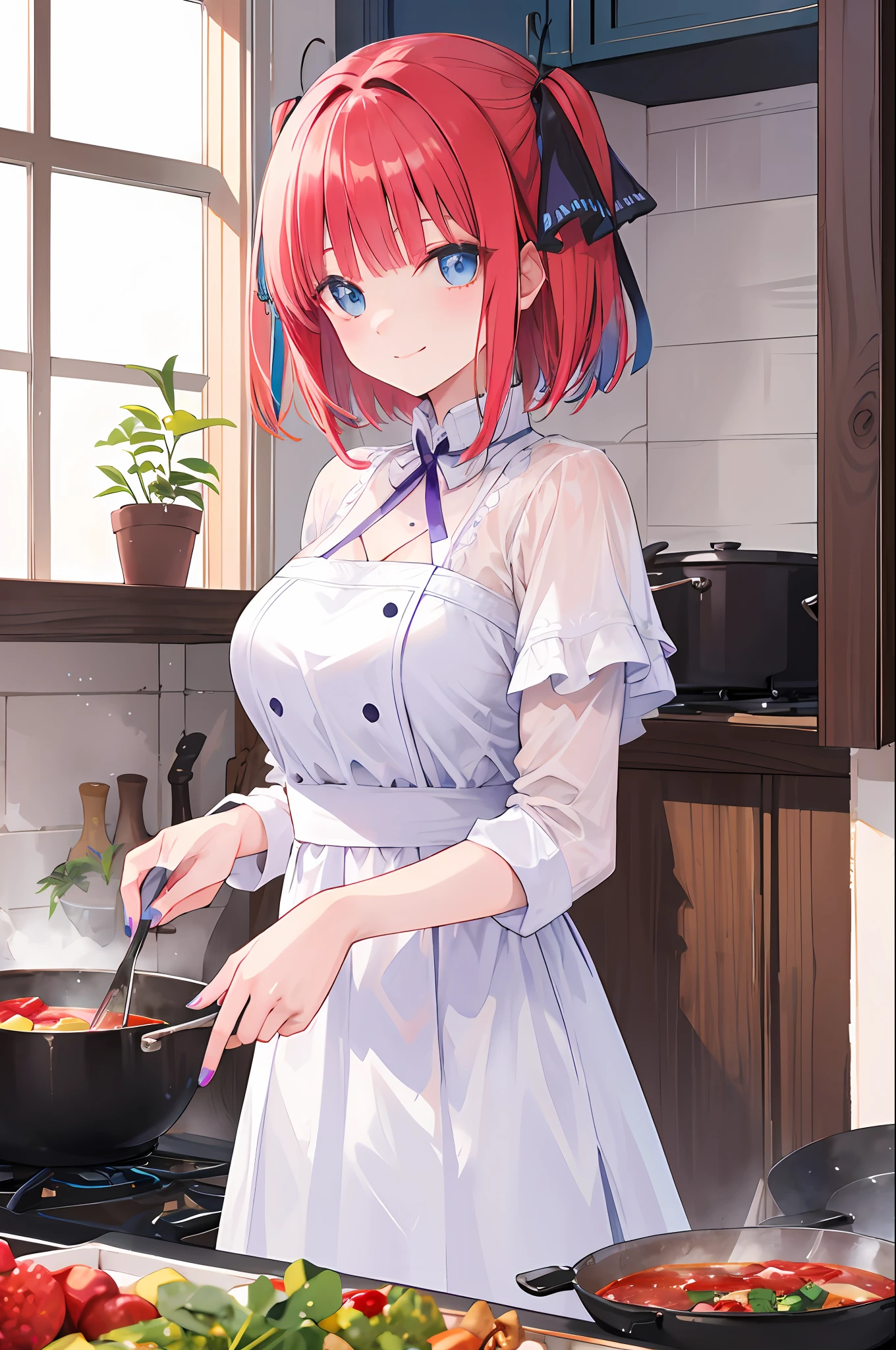 tmasterpiece， best qualtiy， highr， red tinted hair， blue color eyes,Jino Nakano，short whithair，large full breasts，White Dress，cooking in modern house, shining eyes,  smiling, beautiful eyes, Purple Nails