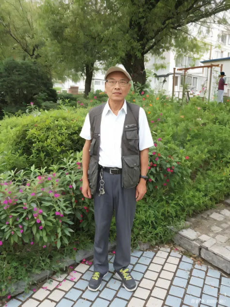 there was a man standing on the brick walkway of the garden, he is about 6 0 years old, huifeng huang, he is about 60 years old,...