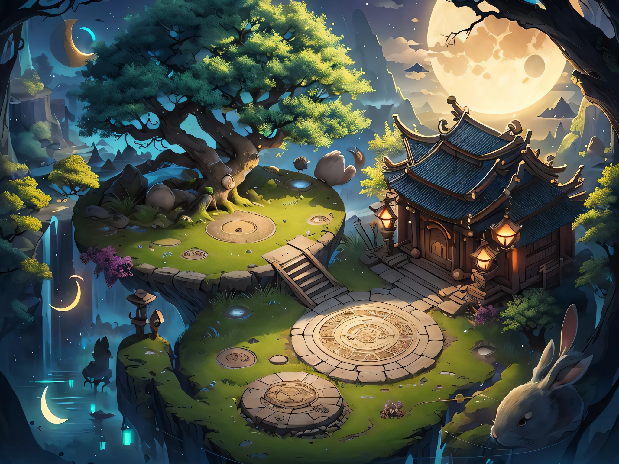 masterpiece,gufengmap,landscape,bulding,circle,rabbit,chibi,1moon,tree