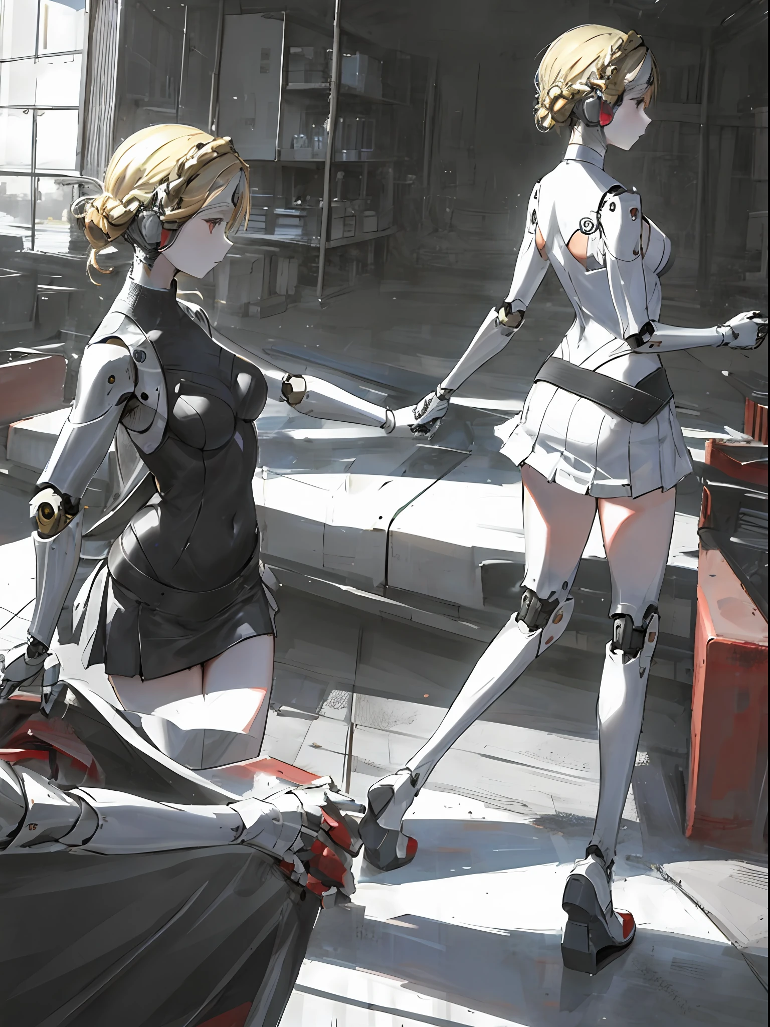 robot, masterpiece, best quality, detailed, 1girl, hair, looking at viewer, (top:1.4), (mini skirt:1.3), city, people, arms behind back, ((laboratory background)), ((twins))