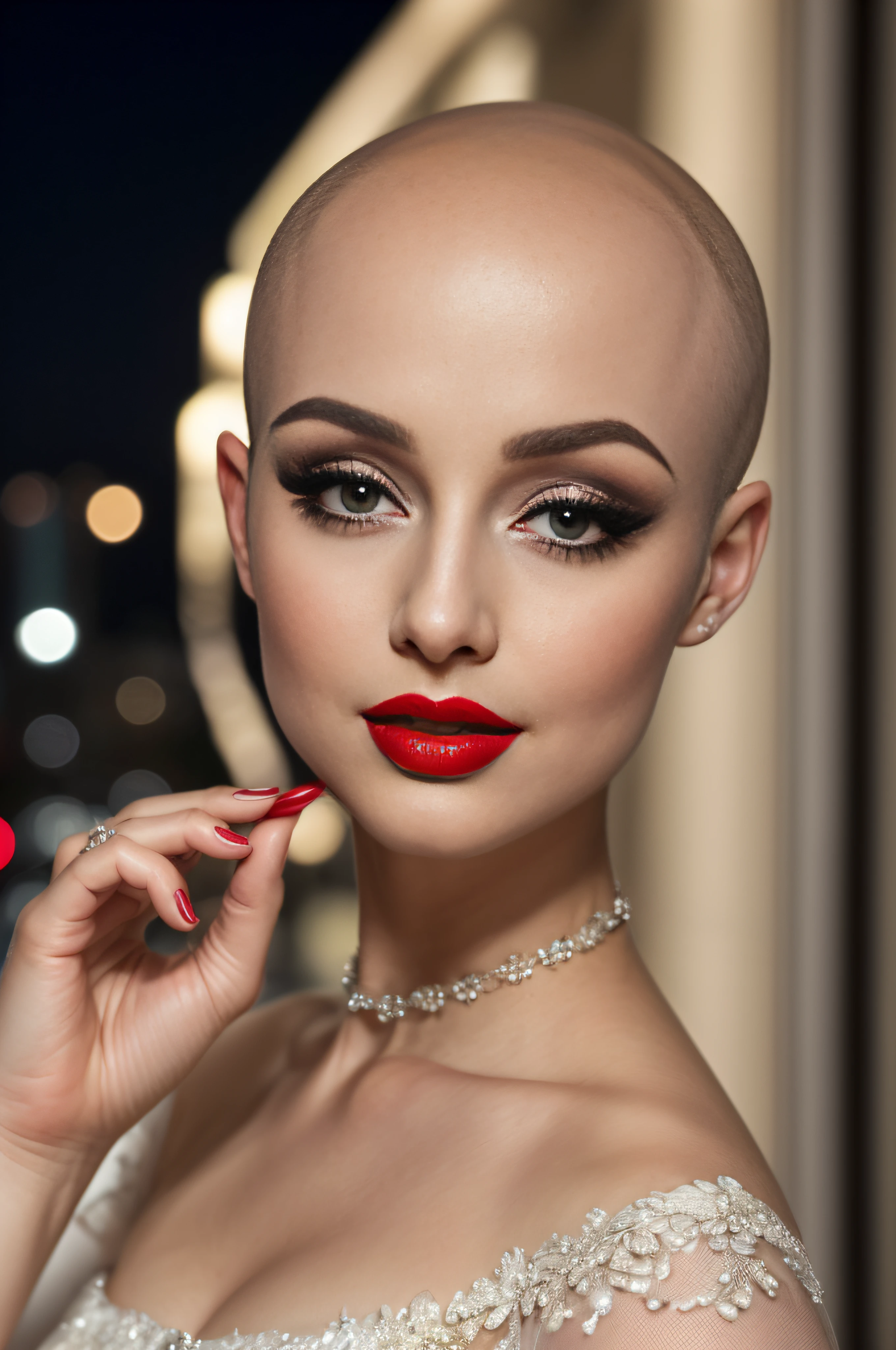 A woman with a bald head and red lipstick posing for a picture - SeaArt AI