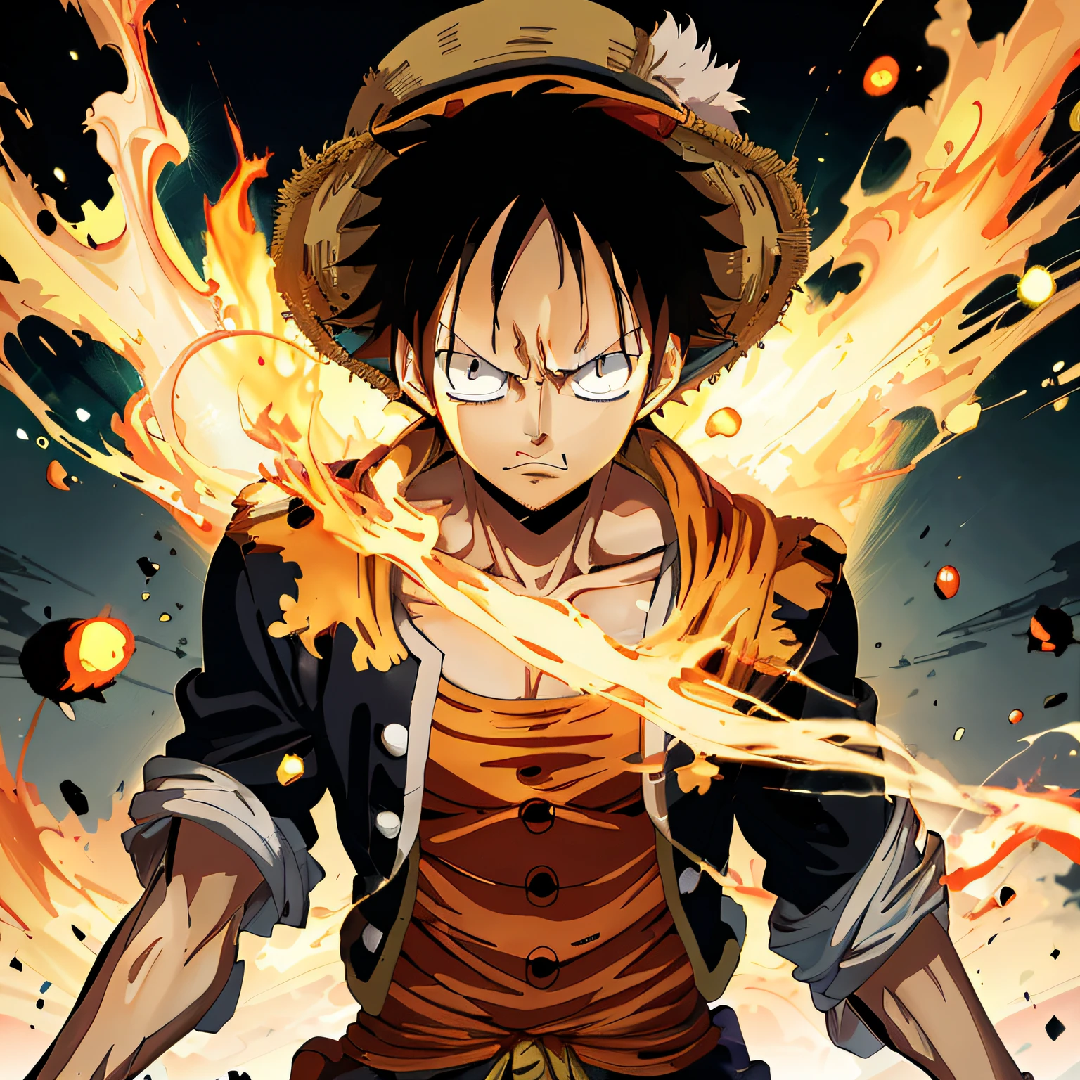 Anime characters wearing hats and swords in front of the fire, Luffy, monkey d luffy, Luffy (One Piece, monkey d. Luffy, portrait of luffy from one piece, luffy from one piece, Badass anime 8 K, one piece art style, inspired by Eiichiro Oda, from one piece, 4k manga wallpapers, Eiichiro Oda style, hq artwork --auto