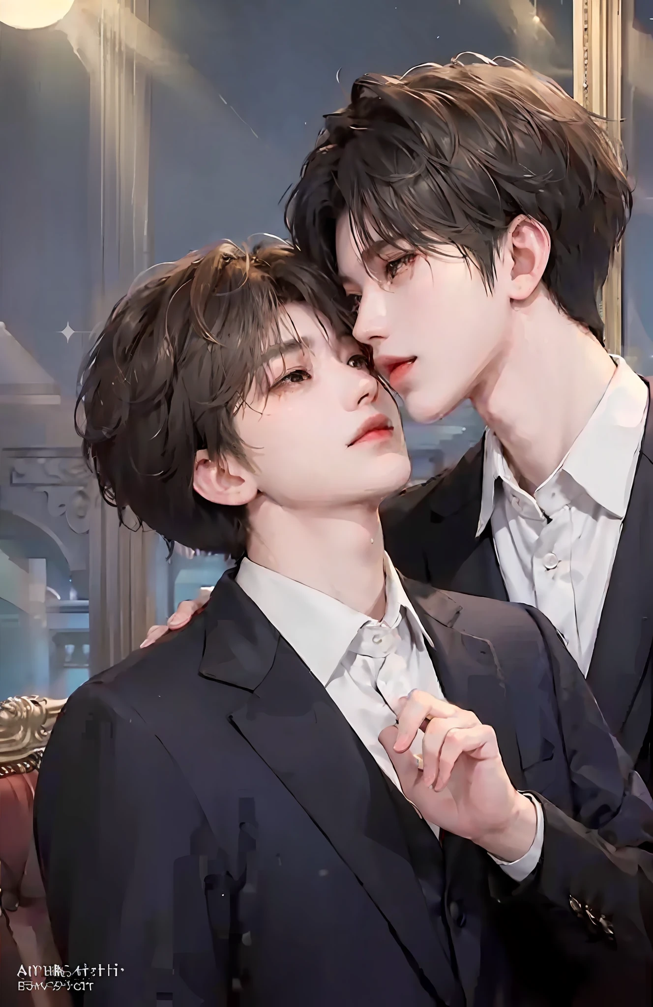 Masterpiece, top quality, two men, adult, in a suit, kiss on the neck, tall muscles, handsome and delicate eyes, intricate details, clear water, moonlit night, smile, aesthetic, romantic, dreamy, kissing, kiss