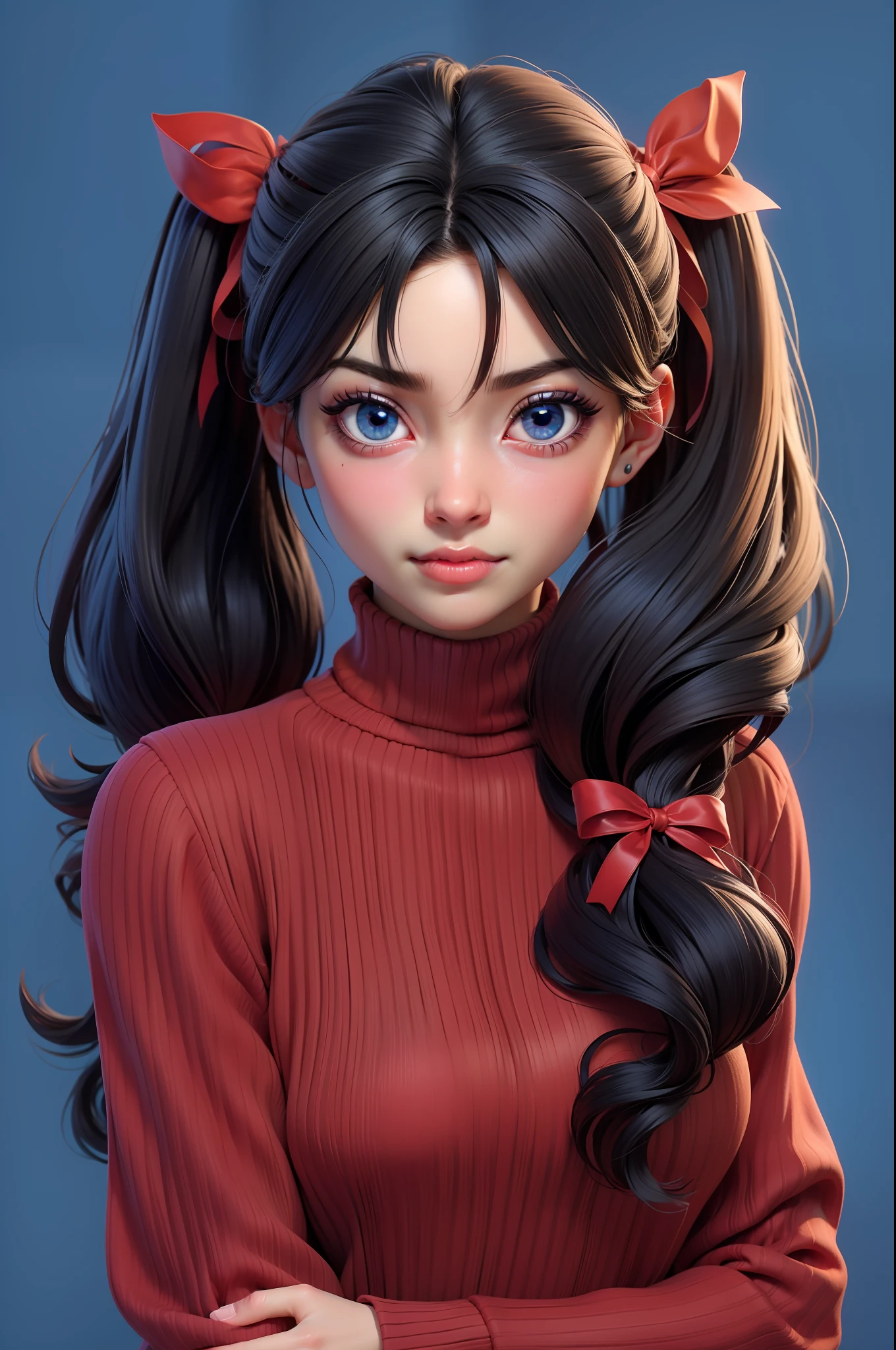 1girl, tohsaka rin, solo, long hair, sweater, red sweater, looking at viewer, blue background, black hair, simple background, two side up, turtleneck, blue eyes, lips, closed mouth, ribbon, hair ribbon, bangs, turtleneck sweater, upper body, parted bangs, black ribbon, ribbed sweater, twintails, nose,