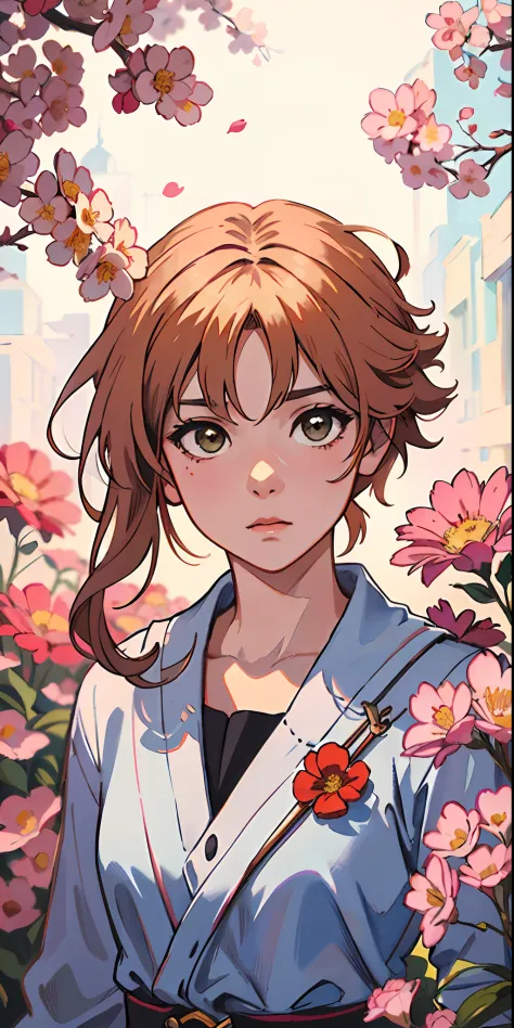 pintura de uma mulher com flores roxas em seu cabelo, retrato bonito do anime, digital anime illustration, retrato estilo anime,...