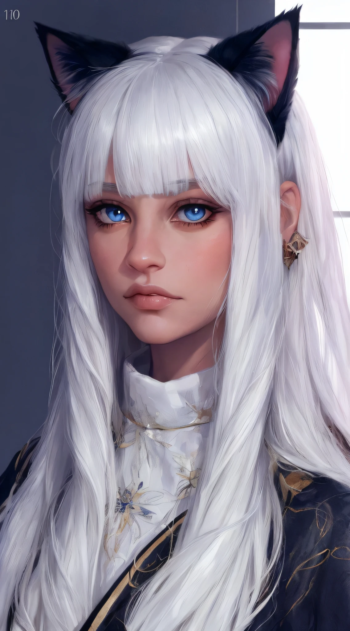 Light white hair, blunt bangs, asymmetrical hair, hair behind ear, long hair, wavy hair, blue eyes, cat pupils, eyebrows behind hair, cat ears, serious, facial hair, close-up, UHD, anatomically correct, textured skin, high details, 1080P, traditional japanese clothes