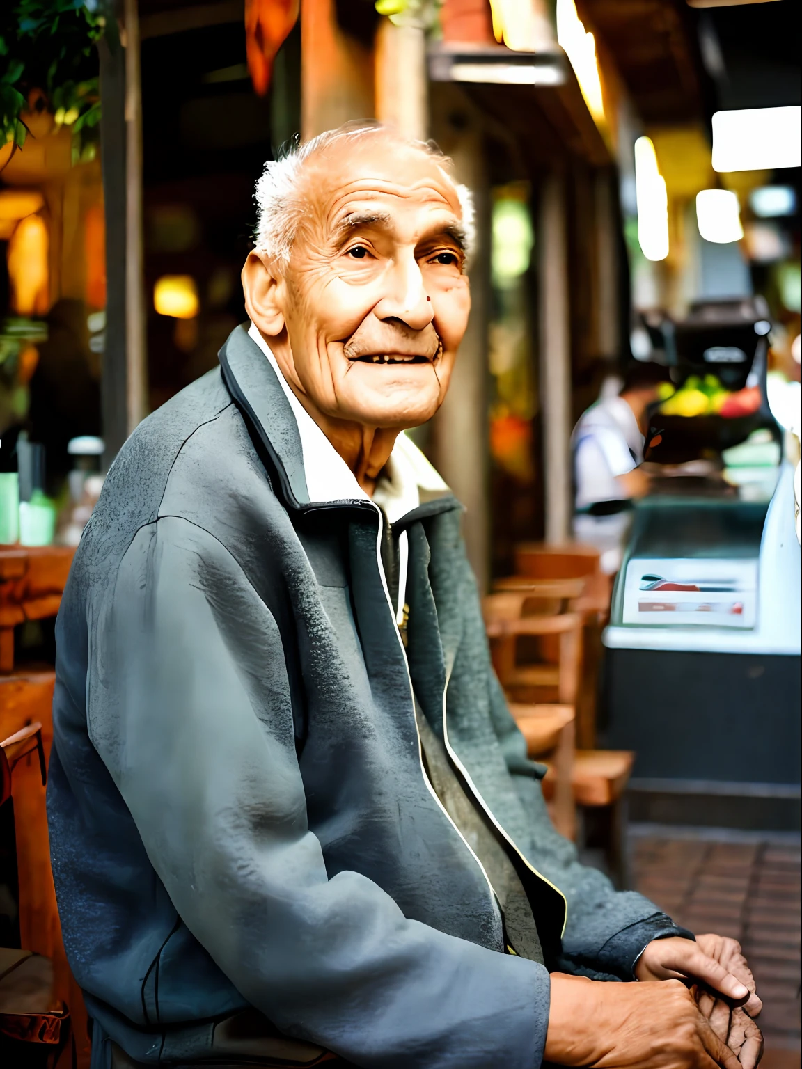 RAW-Foto, Ein sympathischer alter, modischer Mann sitzt vor einem Café (sehr detaillierte Haut: 1.2), 8k uhd, dslr, sanfte Beleuchtung, gute Qualität