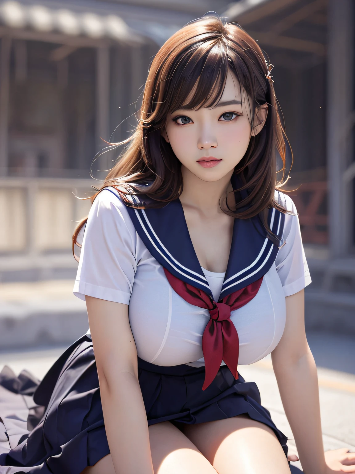 Best quality, 超高分辨率, (Photorealistic:1.4), Ultra detailed, Masterpiece, (8k, RAW photo, best quality , :1.2), female pervert，Asian faces，White skin，Middle eye，bangs，Short brown shoulder-length hair，Beds，（high school senior），Double eyelids，leges，Bottomless，Round face，huge tit，Wear a sailor suit，authentic，Sunlight，Flowing hair，Photorealistic photos，Realistic faces，Features，Delicate face，Delicate figure，high high quality，Real human skin， --auto