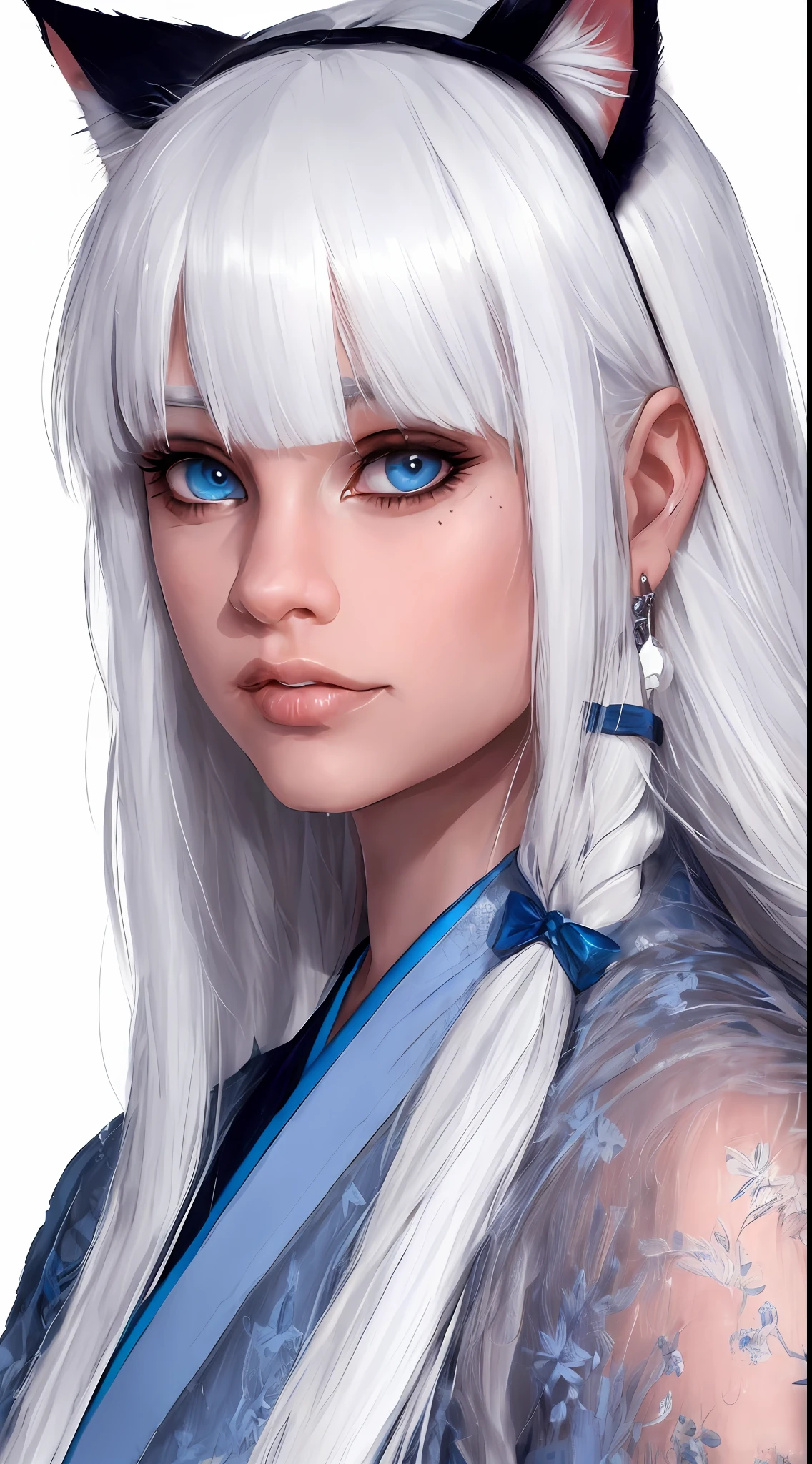 Light white hair, blunt bangs, asymmetrical hair, hair behind ear, long hair, wavy hair, blue eyes, cat pupils, eyebrows behind hair, cat ears, serious, facial hair, close-up, UHD, anatomically correct, textured skin, high details, 1080P, traditional japanese clothes