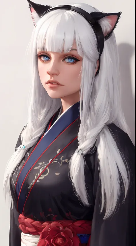 light white hair, blunt bangs, asymmetrical hair, hair behind ear, long hair, wavy hair, blue eyes, cat pupils, eyebrows behind ...