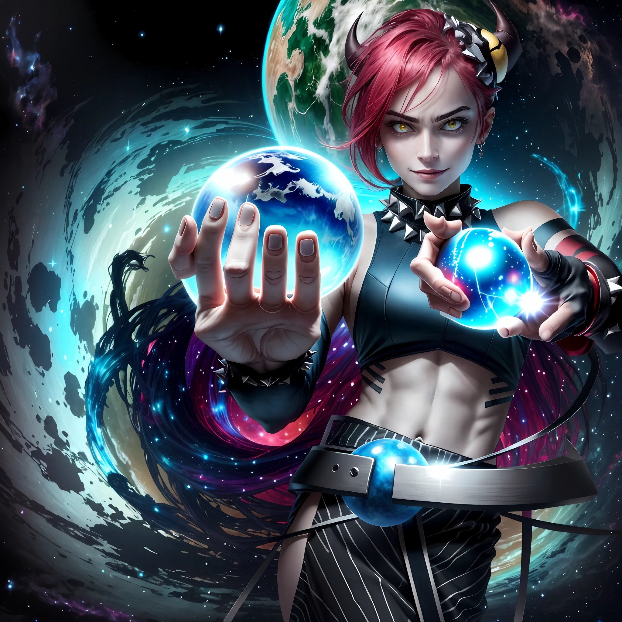 cinematic highlight, demencia, evil grin, looking at viewer, hands raised, yellow eyes, striped, cut out dress, sleeveless, dress, stomach, horns, thighhighs, fingerless gloves, jewelry, bracelet, spikes, wearing a dress, (cosmic background, photo-realistic), (midriff exposed:1.2), (holding a small planet, woman holding an orb), intense character expression