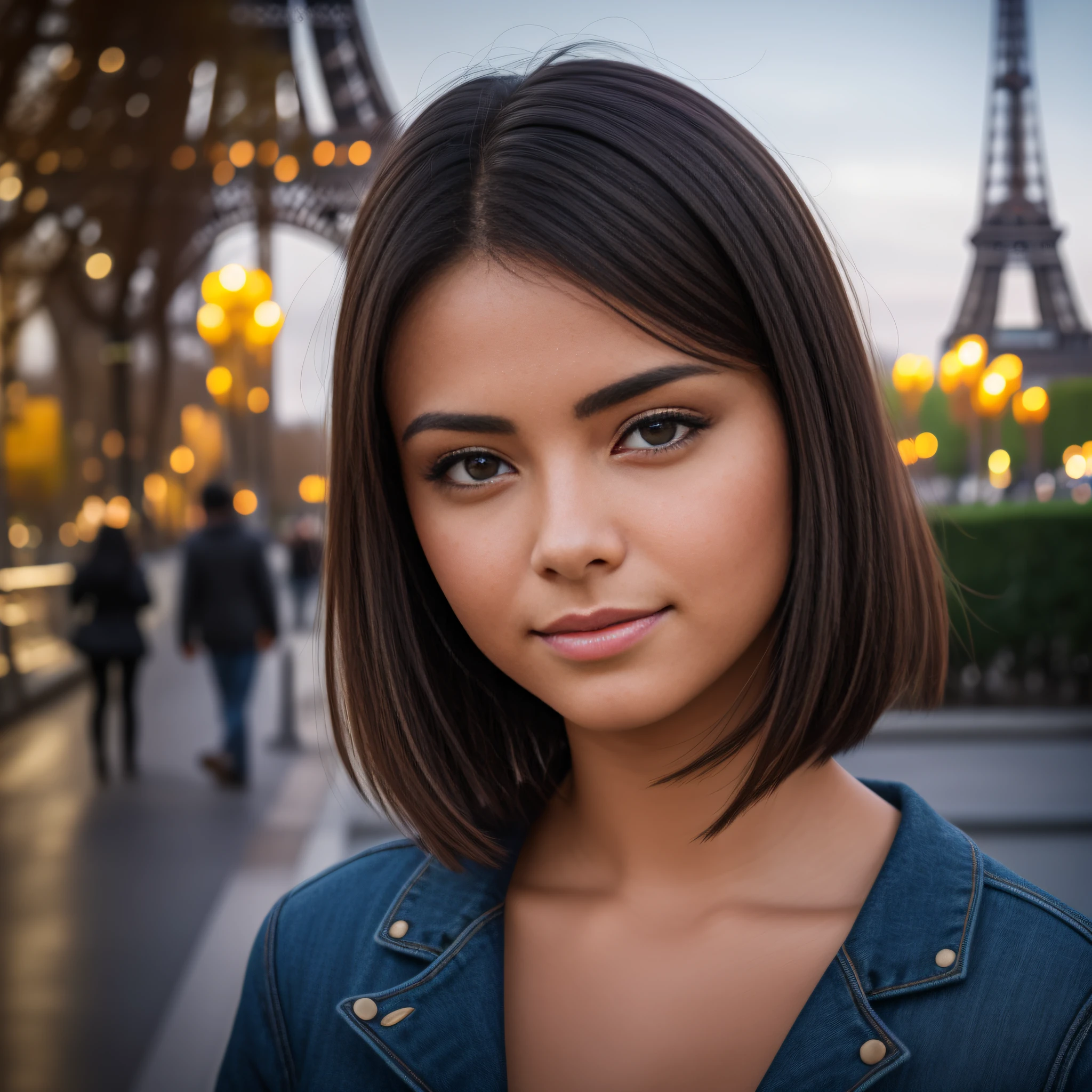 REALISTIC VISION 1.4 BETTER VAE, on the face of a young Latina woman, 25  years old, with short tousled hair, Eiffel Tower - SeaArt AI