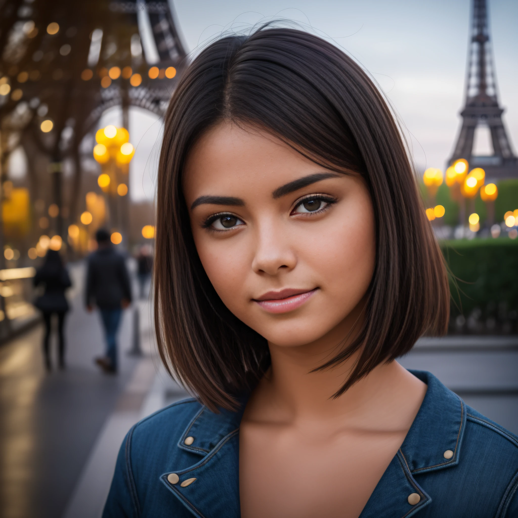 REALISTIC VISION 1.4 BETTER VAE, on the face of a young Latina woman, 2, with short tousled hair, Eiffel Tower, Paris 8K, sharp focus, good exposure, night, ISO 1000, 1/250s, natural light, Adobe Lightroom, photo lab, Affinity Photo, PhotoDirector 365