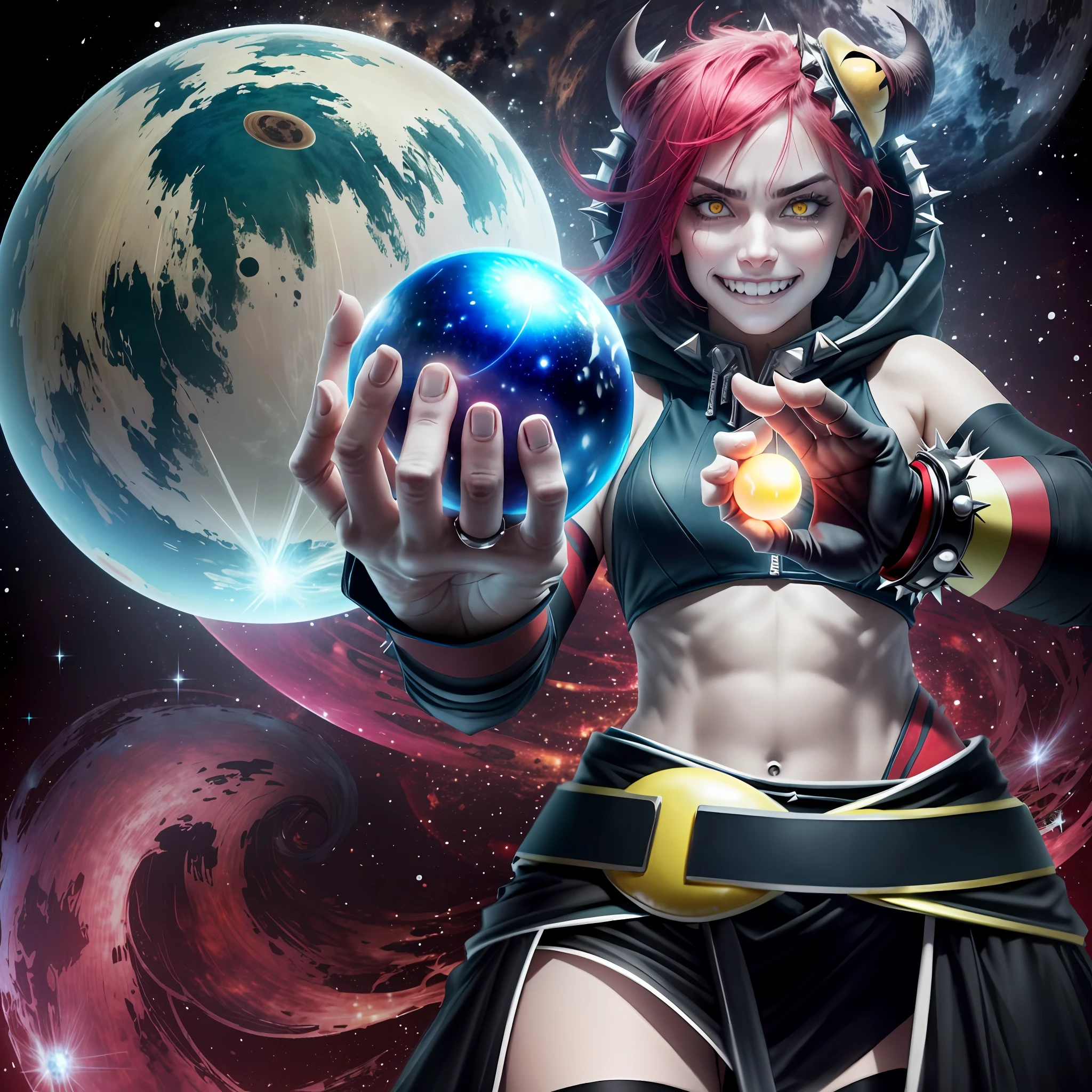 cinematic highlight, demencia, evil grin, looking at viewer, hands raised, yellow eyes, striped, cut out dress, sleeveless, dress, stomach, horns, thighhighs, fingerless gloves, jewelry, bracelet, spikes, wearing a dress, (cosmic background, photo-realistic), (midriff exposed:1.2), (holding a small planet, woman holding an orb), intense character expression