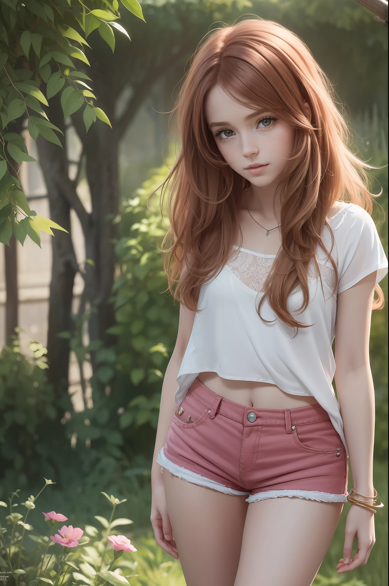 （best qualtiy，tmasterpiece，art  stations，Fantasyart：1.2），A beautiful and lovely French girl，，（Long, messy ginger hair：1.1），（Pink shorts，1.2），In the garden，realisticlying，Detailed face
