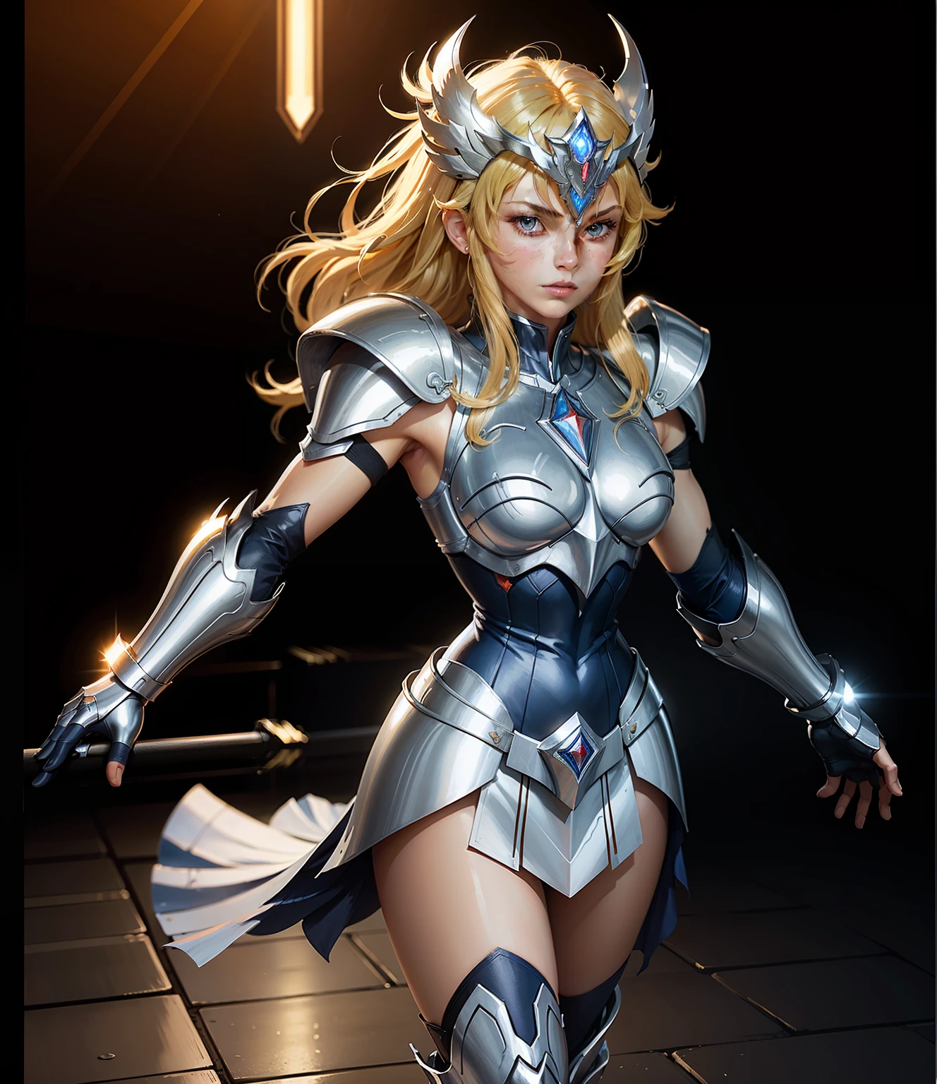 Ultra-high saturation（tmasterpiece）， fully body photo，（best qualtiy）， （1girll），crisp breasts，super wide shot， sface focus，  wearing shining armor， sexy armor，Expose your chest，Expose the waistline，Exposing thighs，cool-pose， Saint Seiya Shiratori Armor， messy  hair，high detal, Anime style, Cinematic lighting, The armor shone with golden light, god light, Ray traching, filmgrain, hyper HD, textureskin, super detailing, Anatomical correct, A high resolution，Ultra-high saturation，hight contrast，High-gloss armor，Smooth skin