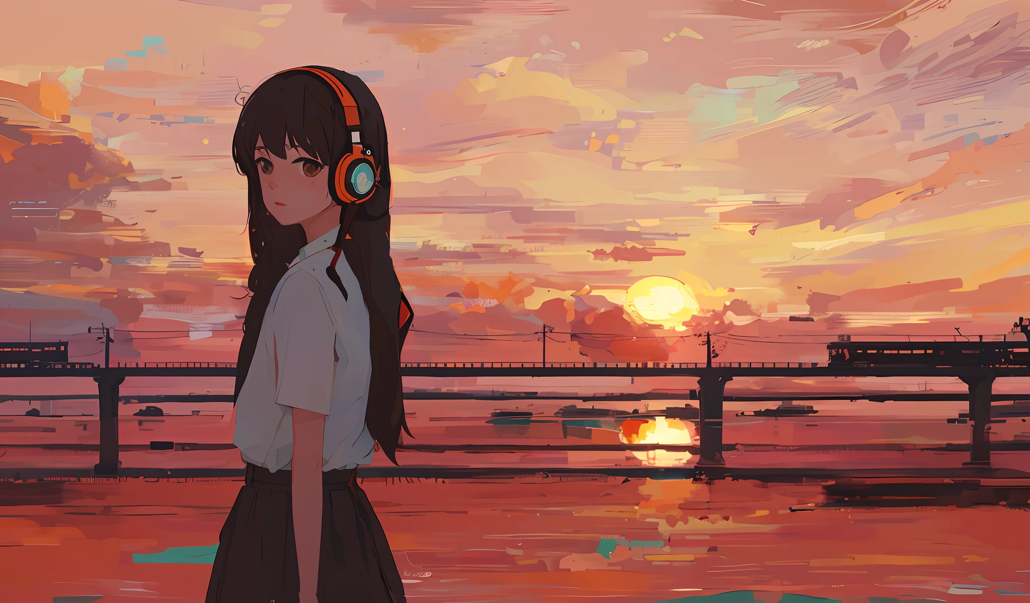 Anime girl with headphones standing in front of sunset, lofi-girl, Gazing at the Sunset. Anime, lofi artstyle, lofi art, lofi color, inspired by Atey Ghailan, in style of atey ghailan, ilya kuvshinov landscape, style of alena aenami, ((Sunset)), by Atey Ghailan、Sad face、细致背景