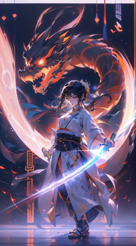 A young Chinese samurai girl wields a glowing sword, Ribbon rotation, As she battles an ancient dragon in a magical ethereal mist. Dynamic action, Flowing fabric, Vibrant neon lights, Chinese mythology ，A half body，- AR2:3 --s 400 --niji 5
