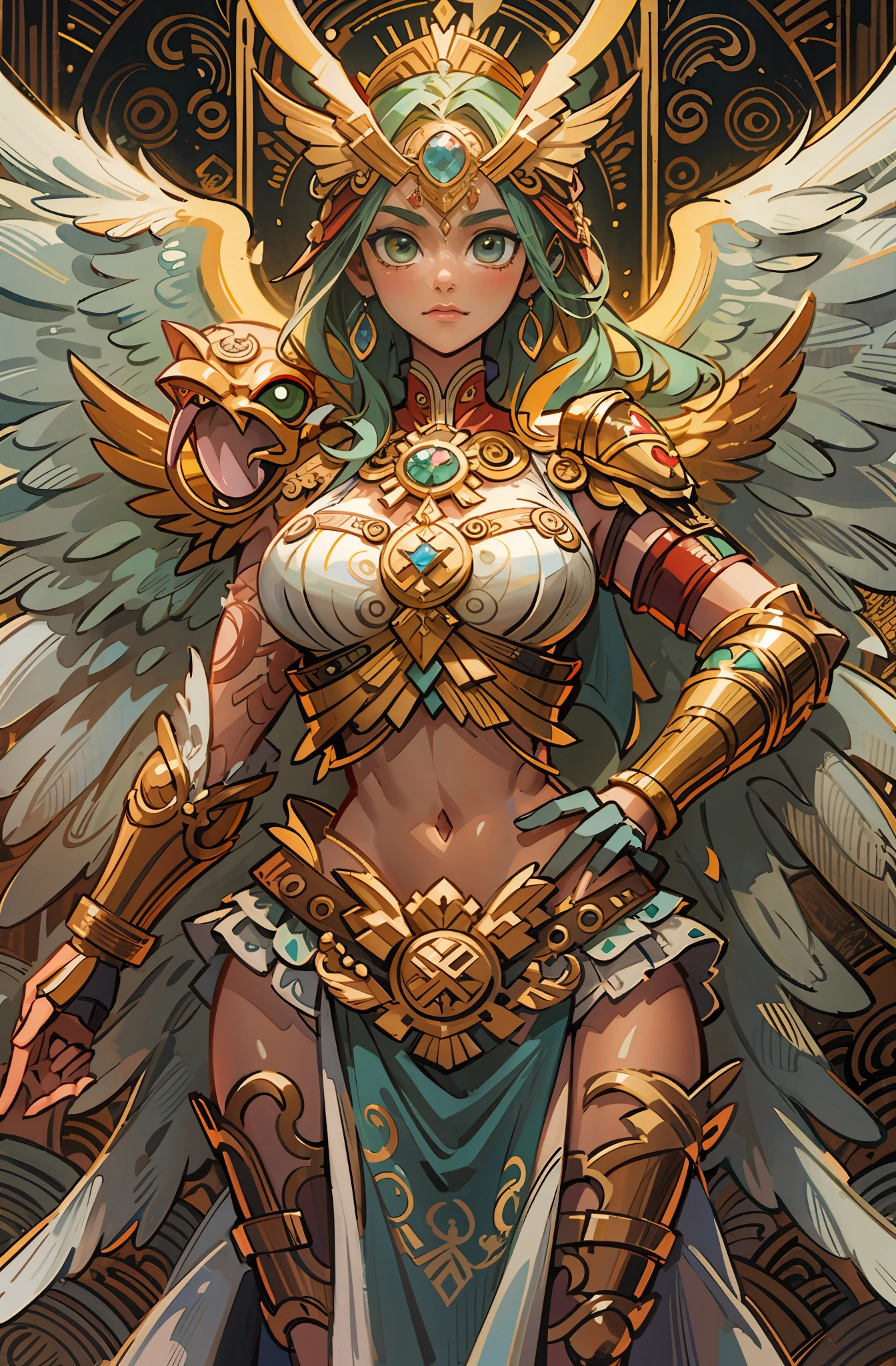 Masterpiece, best quality, {best quality}, {{masterpiece}}, {highres}, anime, attractive, exotic, Quetzalcoatl, Kukulkan, Serpent God, feathered serpent, flying feathers, plumage, Aztec, gold, gold, Anime - style illustration of a woman with wings and a golden halo, anime fantasy illustration, mystical atlantean valkyrie, as a mystical valkyrie, mystical valkyrie, detailed 2D digital fantasy art, anime fantasy art, avian warrior, highly detailed official art, epic fantasy digital art style, mechanized valkyrie girl, goddess. Extremely high detail,18+ face, nsfw art, body curve, full sexy body, random position, random pose position, random position, beauty shirt, ((upper body)), ((closed up)), ((detail face)),