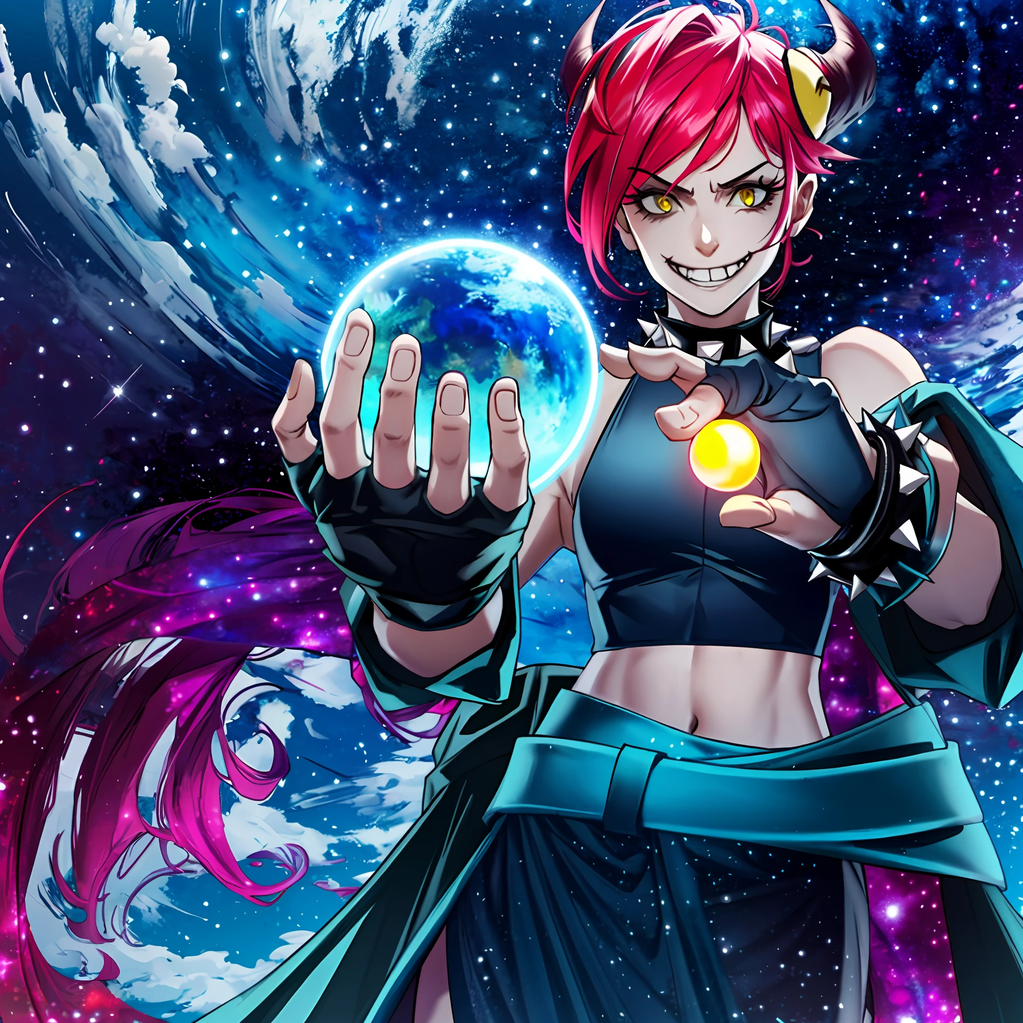 cinematic highlight, demencia, evil grin, looking at viewer, hands raised, yellow eyes, striped, cut out dress, sleeveless, dress, stomach, horns, thighhighs, fingerless gloves, jewelry, bracelet, spikes, wearing a dress, (cosmic background, photo-realistic), (midriff exposed:1.2), (holding a small planet, woman holding an orb), intense character expression