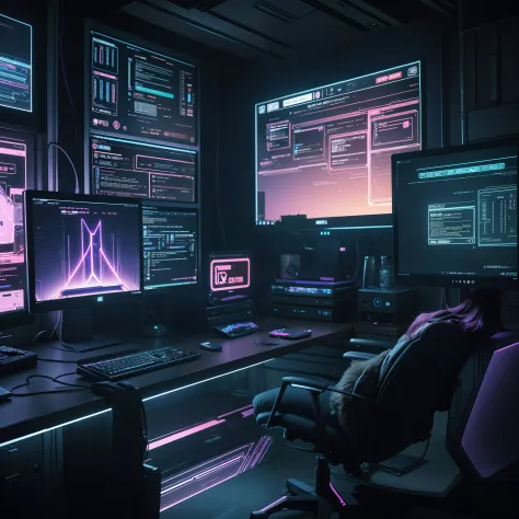 A purple and blue neon light computer desk with multiple monitors and a keyboard, cyber neon lighting, Neon lighting, in a large...