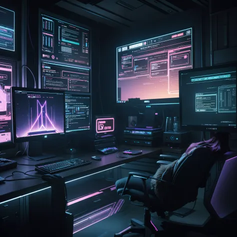 A purple and blue neon light computer desk with multiple monitors and a keyboard, cyber neon lighting, Neon lighting, in a large room with large windows on a sunny sunset, Pantalla de jugador de escritorio de metal, pantallas transparentes con paginas web ...